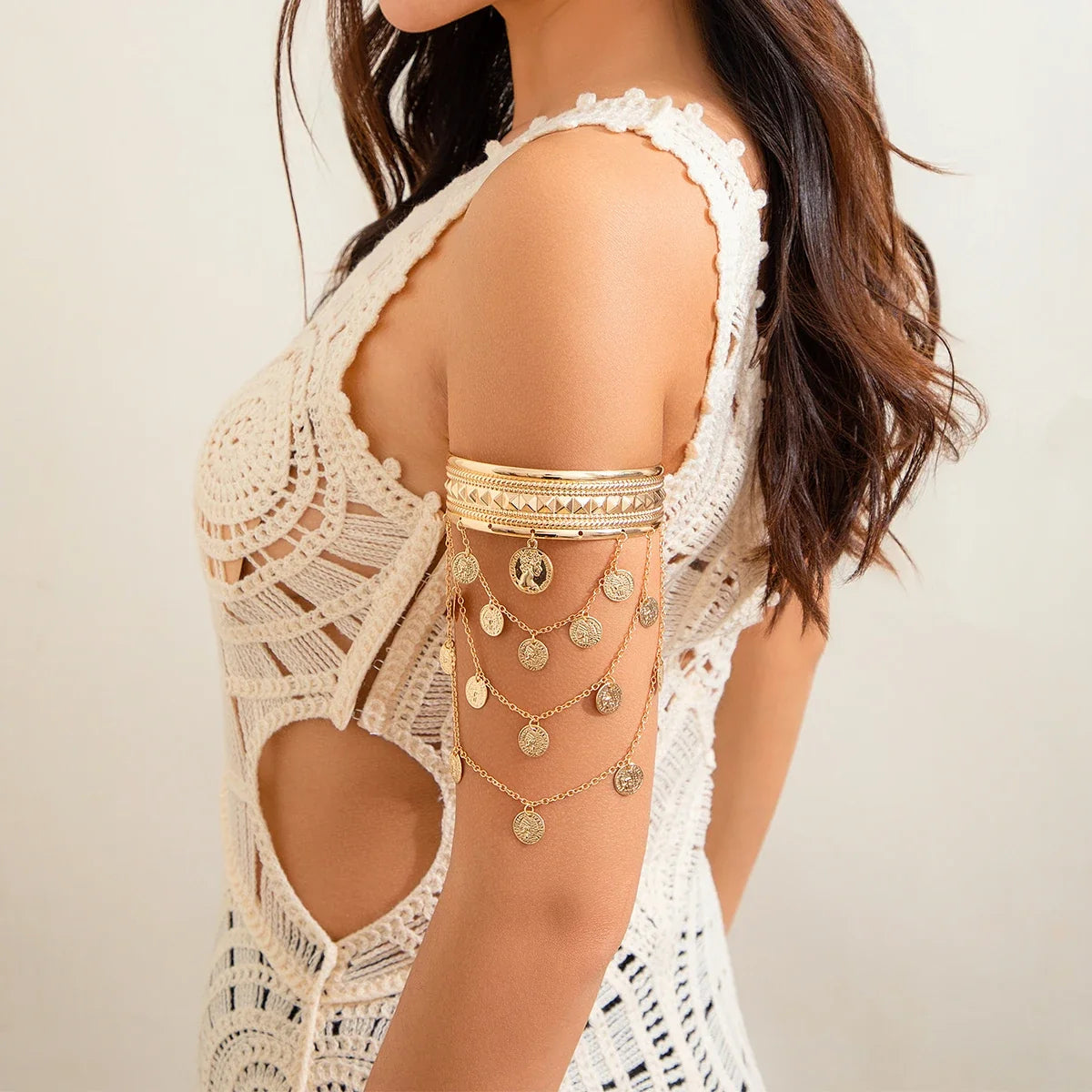 Salircon Gold Color Round People Head Coin Arm Bracelet for Women 2024 Trendy Open Adjustable On The Upper Arm Bangles Jewelry