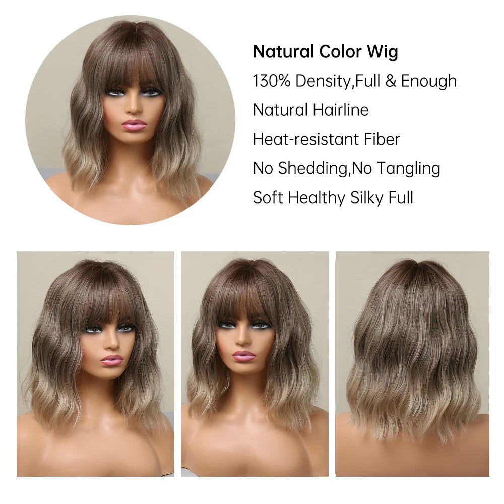Light Pink Short Wavy Synthetic Hair Wigs with Bangs Cosplay Natural Shoulder Length Bob Wig For Women Afro Heat Resistant Fiber