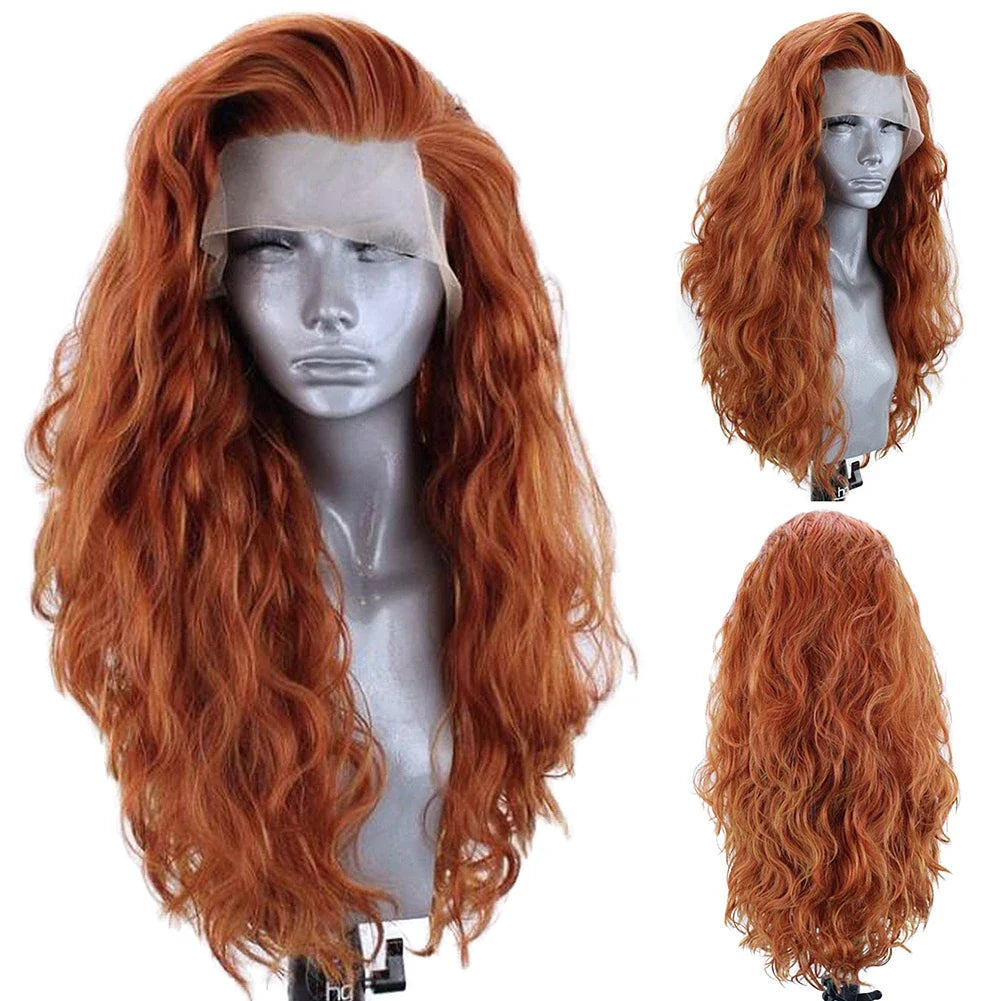 13X4 Ginger Synthetic Lace Front Wig – Long Wavy Black Hair Cosplay Wig for Women, Glueless & Heat Resistant