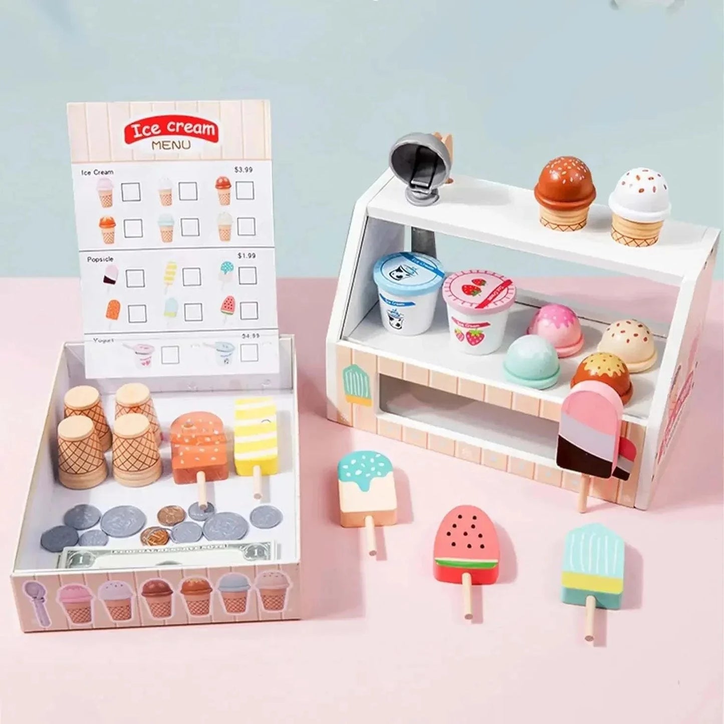 Kids pretend ice cream shop for Kids Montessori Food Toys Kitchen Accessories with coin