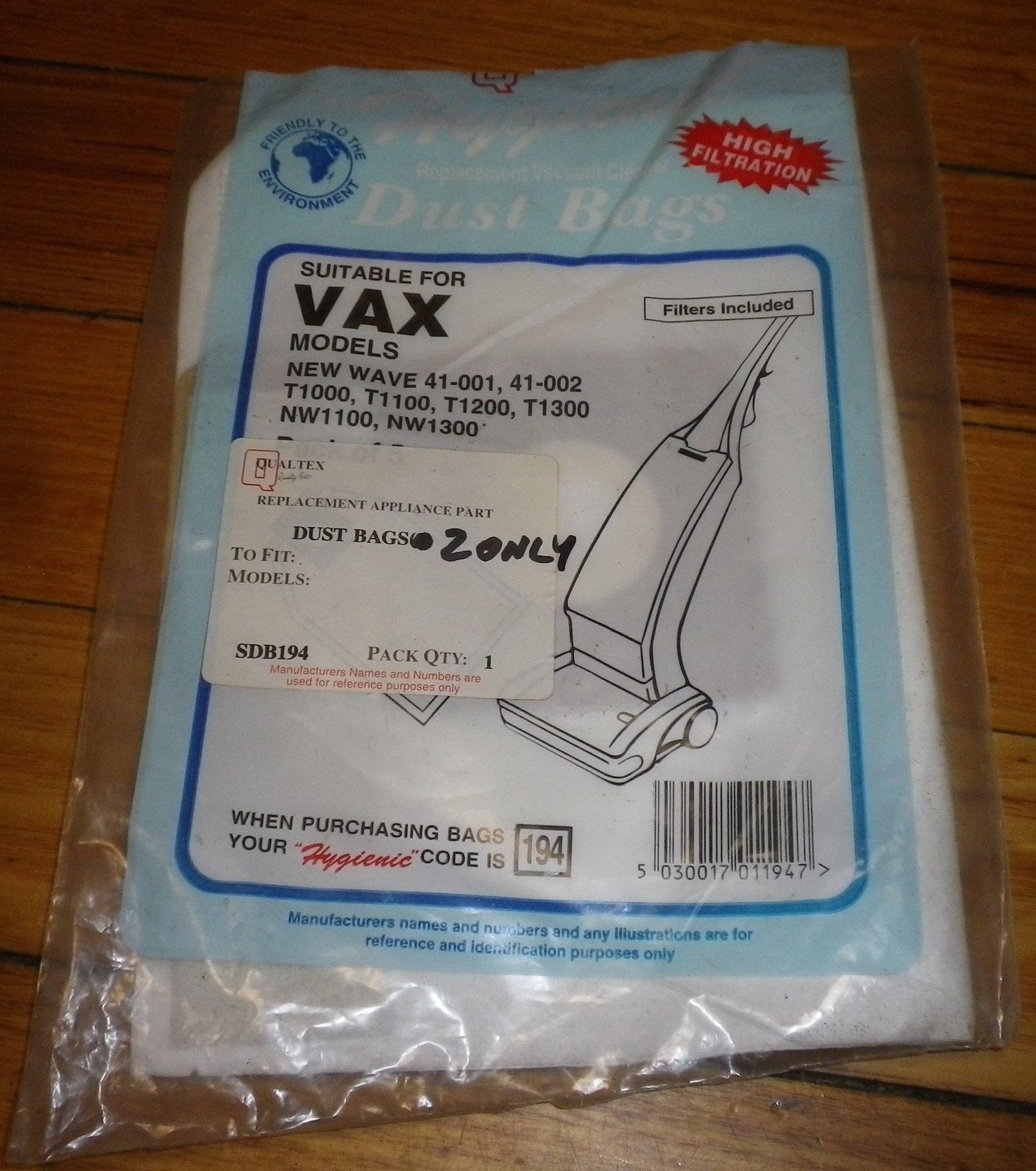 Vax New Wave Upright Vacuum Cleaner Bags & Filter (Pkt 2) - Part # SDB194-2