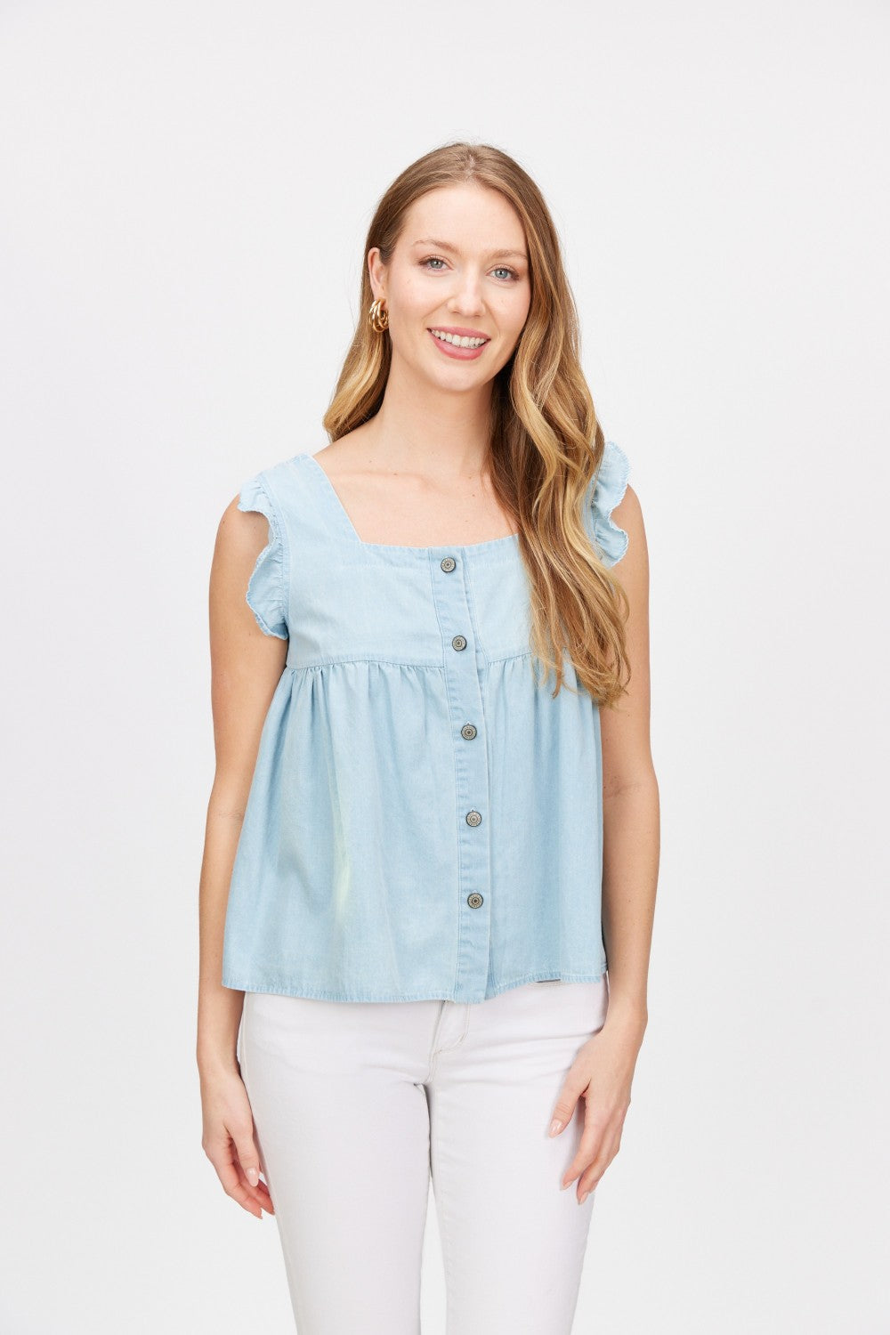 Cheryl Chambray Ruffled Sleeveless Top