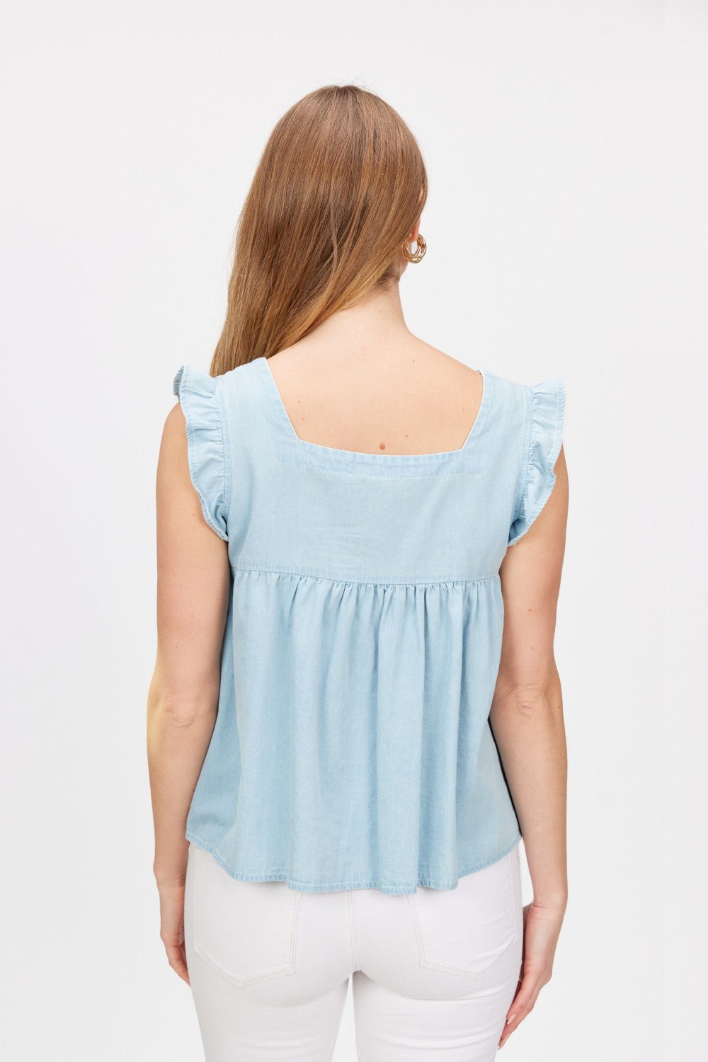 Cheryl Chambray Ruffled Sleeveless Top