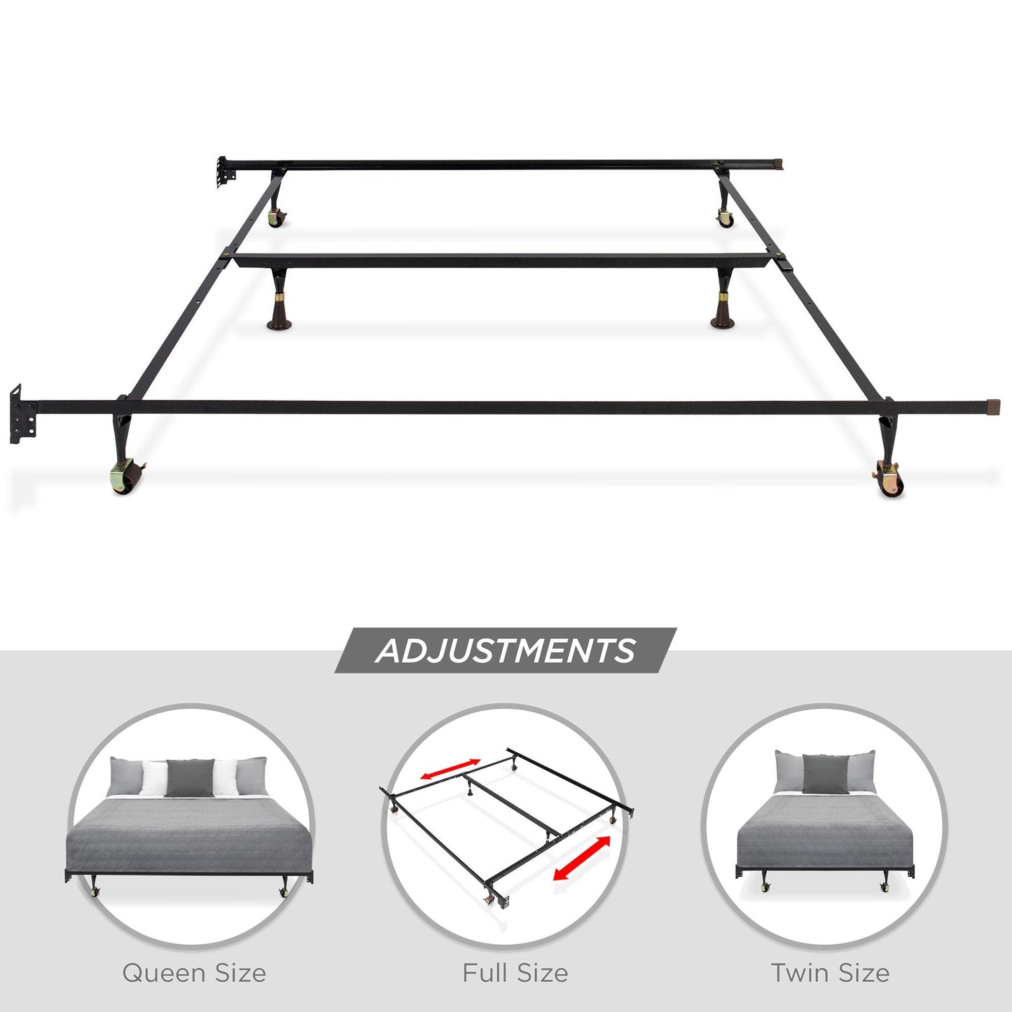 Adjustable Metal Bed Frame w/ Locking Wheels