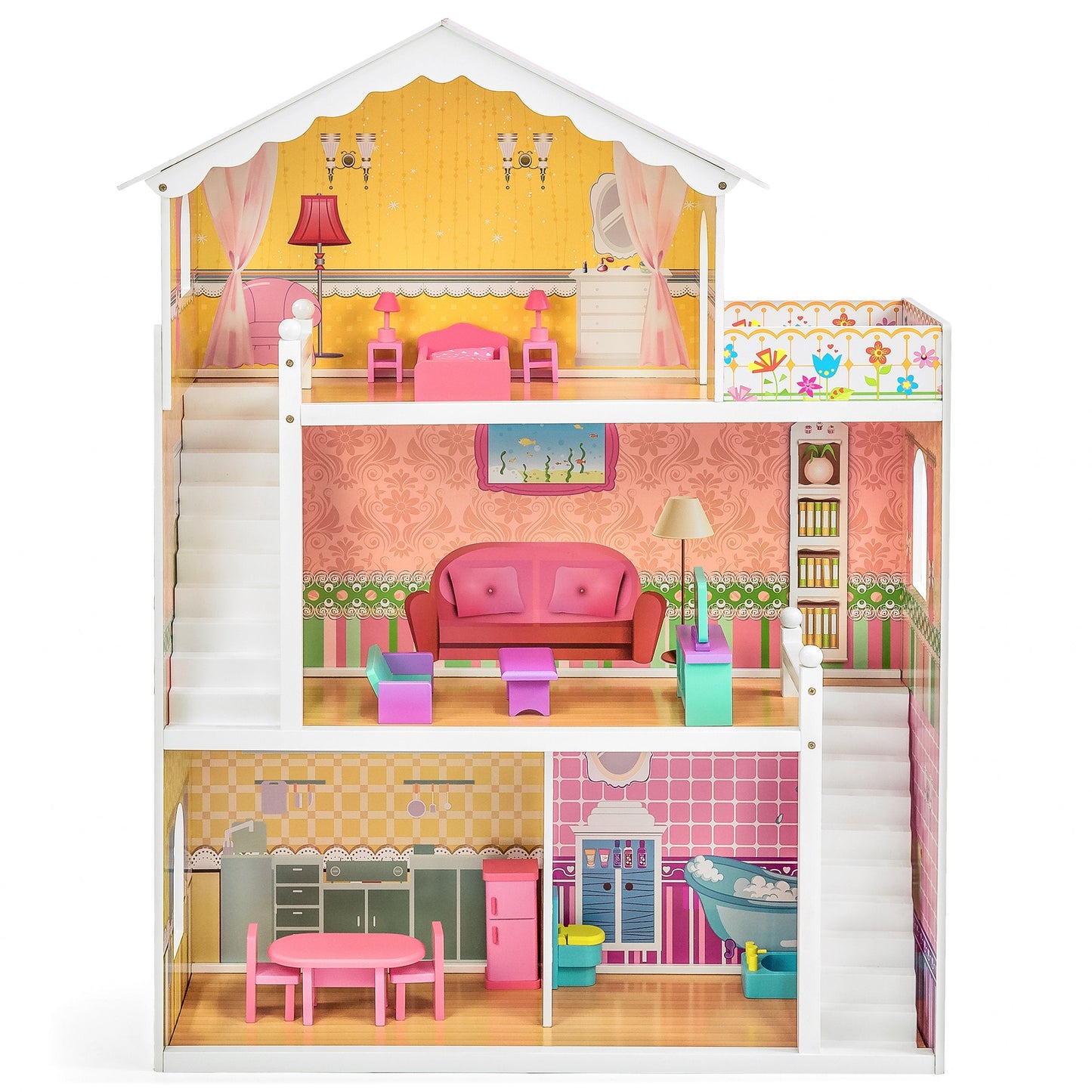 Kids 44in Height 3-Story Wooden Open Dollhouse Set w/ 5 Rooms, Accessories