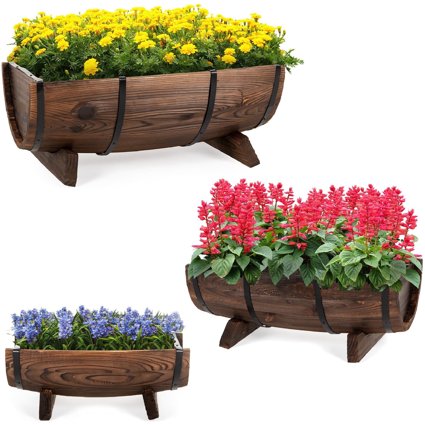 Set of 3 Rustic Wood Half Barrel Garden Planters Set w/ Drainage Holes