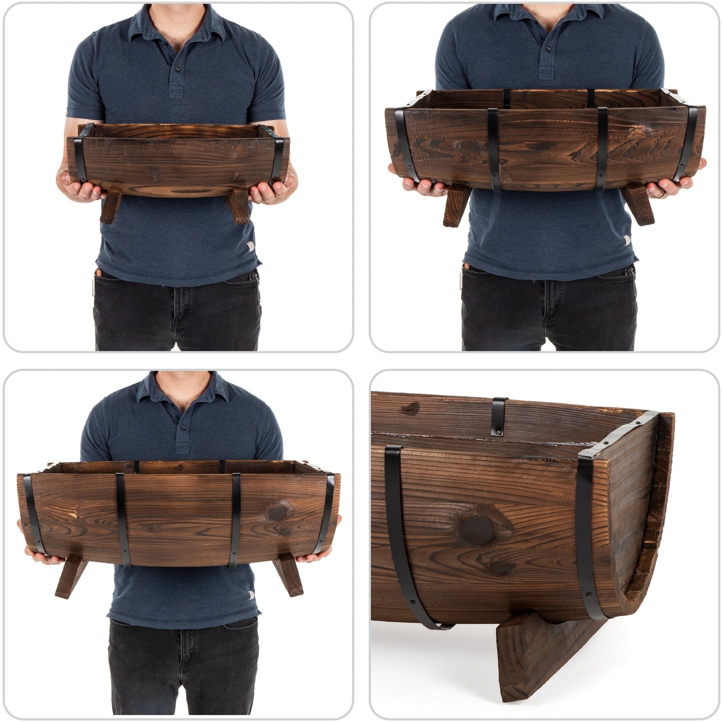 Set of 3 Rustic Wood Half Barrel Garden Planters Set w/ Drainage Holes