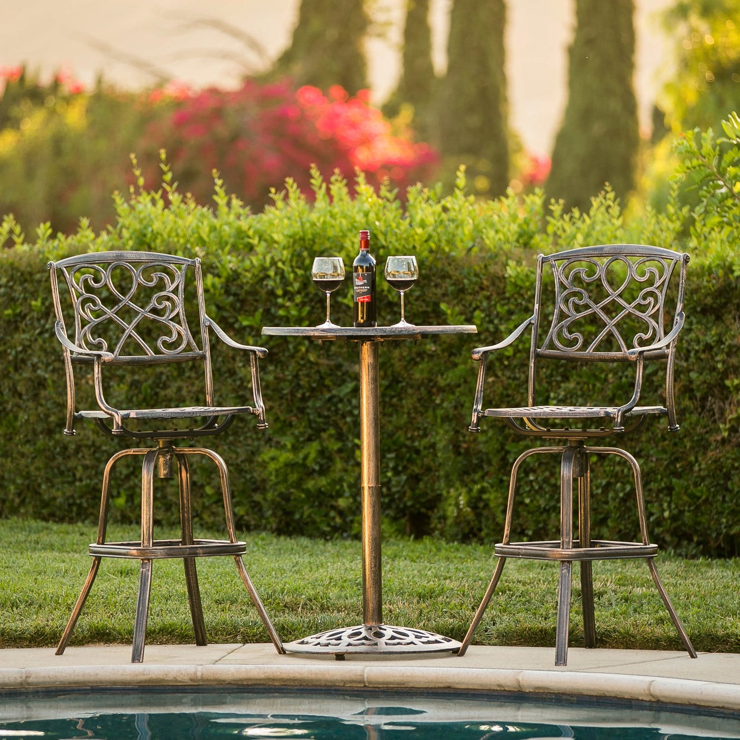 3-Piece Cast Aluminum Bistro Set w/ 2 360-Swivel Chairs - Antique Copper
