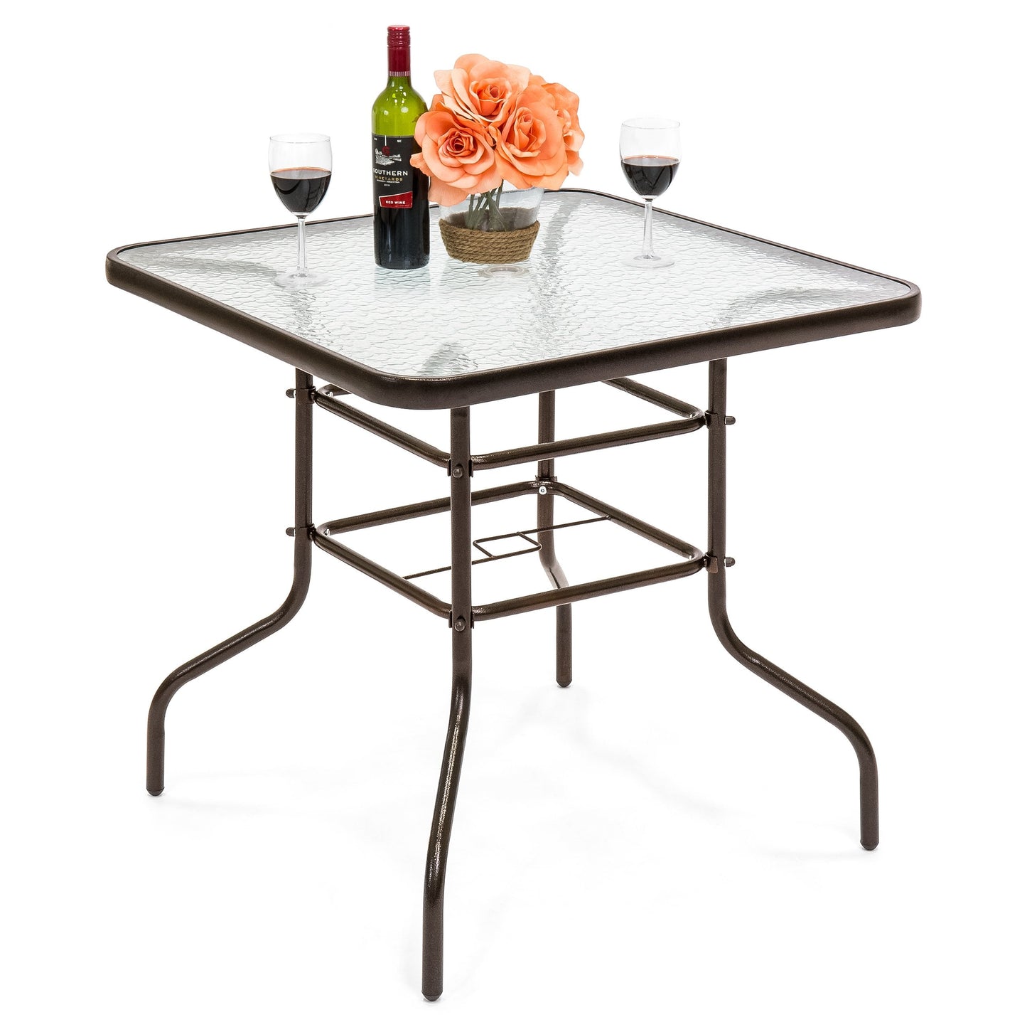 32in Square Tempered Glass  Patio Dining Bistro Table w/ Umbrella Hole