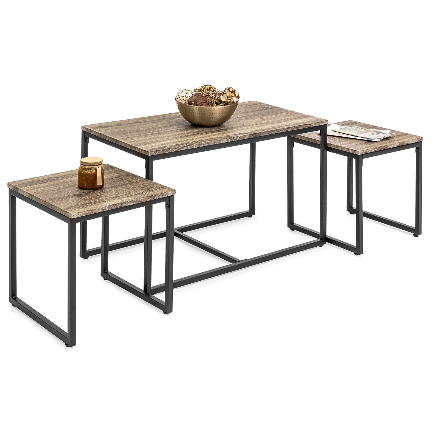 3-Piece Coffee Accent Table Set w/ 2 End Tables - Brown