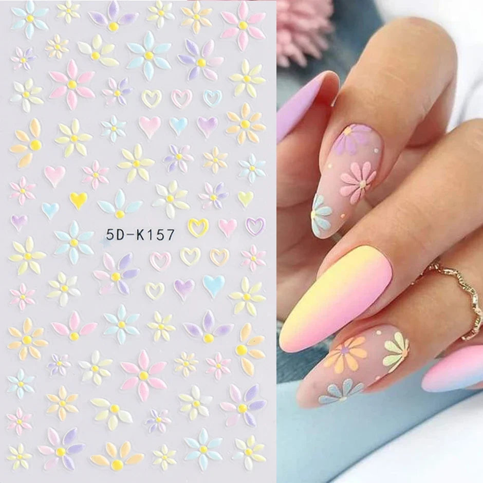 5D embossed flower nail stickers
