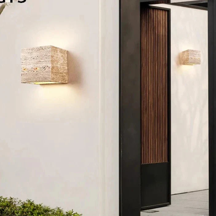 Minimalist Travertine Stone Outdoor LED Wall Light With Natural Cave Stone Shade