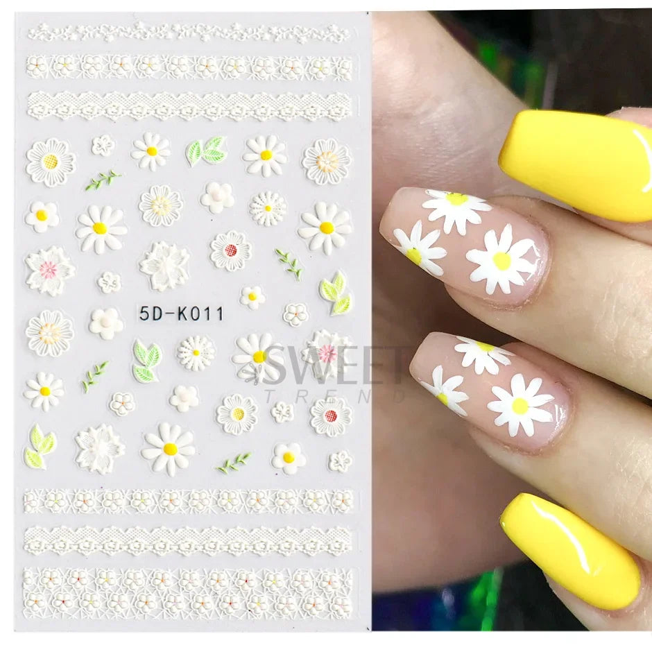5D embossed flower nail stickers