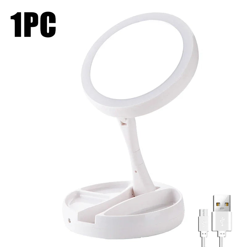 Makeup Mirror with Light – LED Vanity Mirror, 3 Light Modes, USB Charging, 360° Rotation & Storage Base