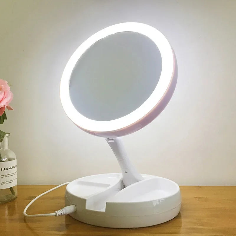 Makeup Mirror with Light – LED Vanity Mirror, 3 Light Modes, USB Charging, 360° Rotation & Storage Base