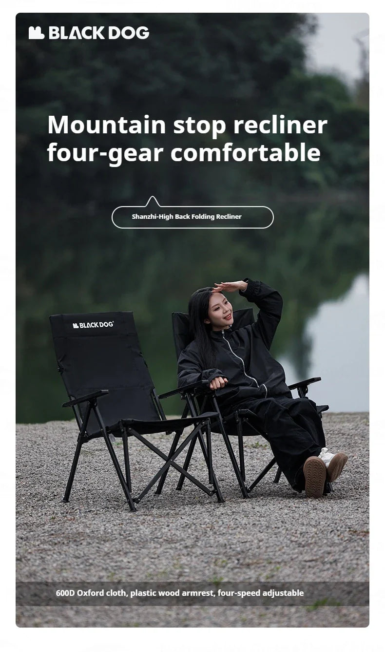 BLACKDOG High Back Folding Recliner Portable Lounger Chair High Backrest Load Bearing 120kg Carbon Steel Wood Armchair 4 Adjustable Camping Seat