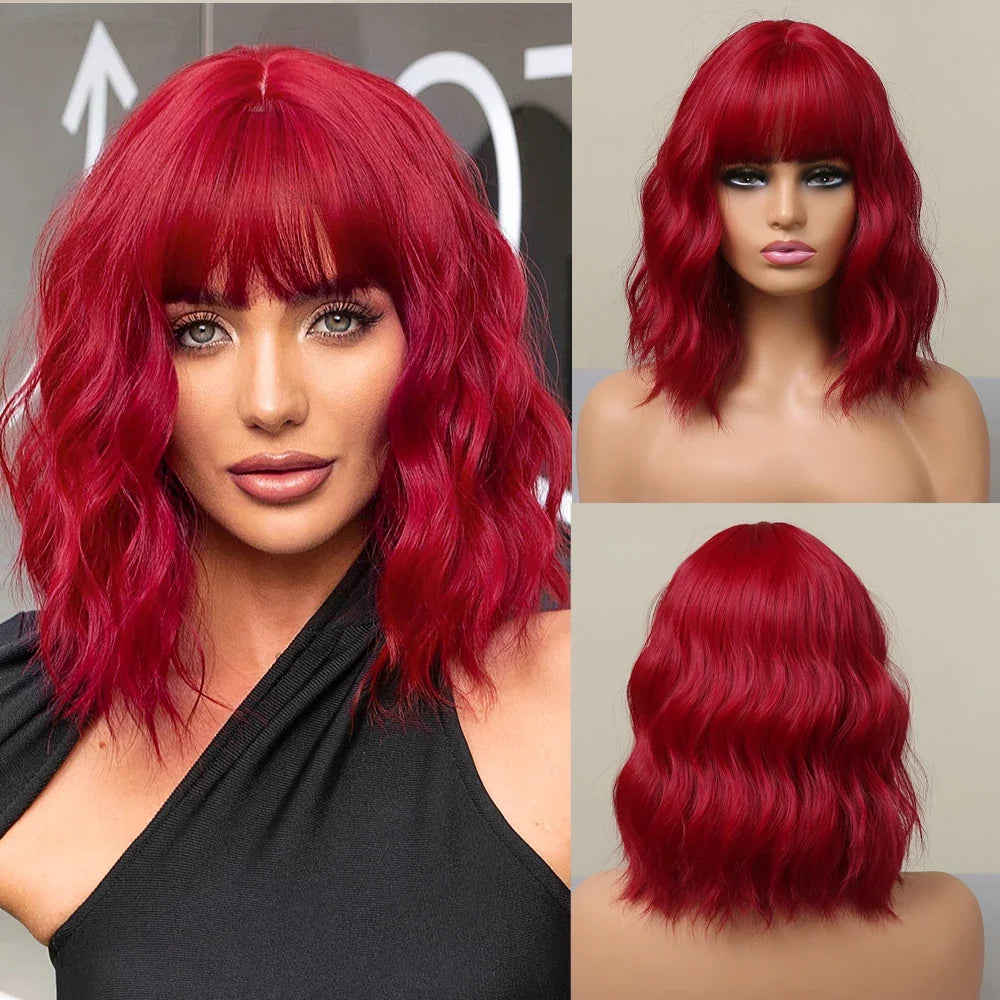 Light Pink Short Wavy Synthetic Hair Wigs with Bangs Cosplay Natural Shoulder Length Bob Wig For Women Afro Heat Resistant Fiber