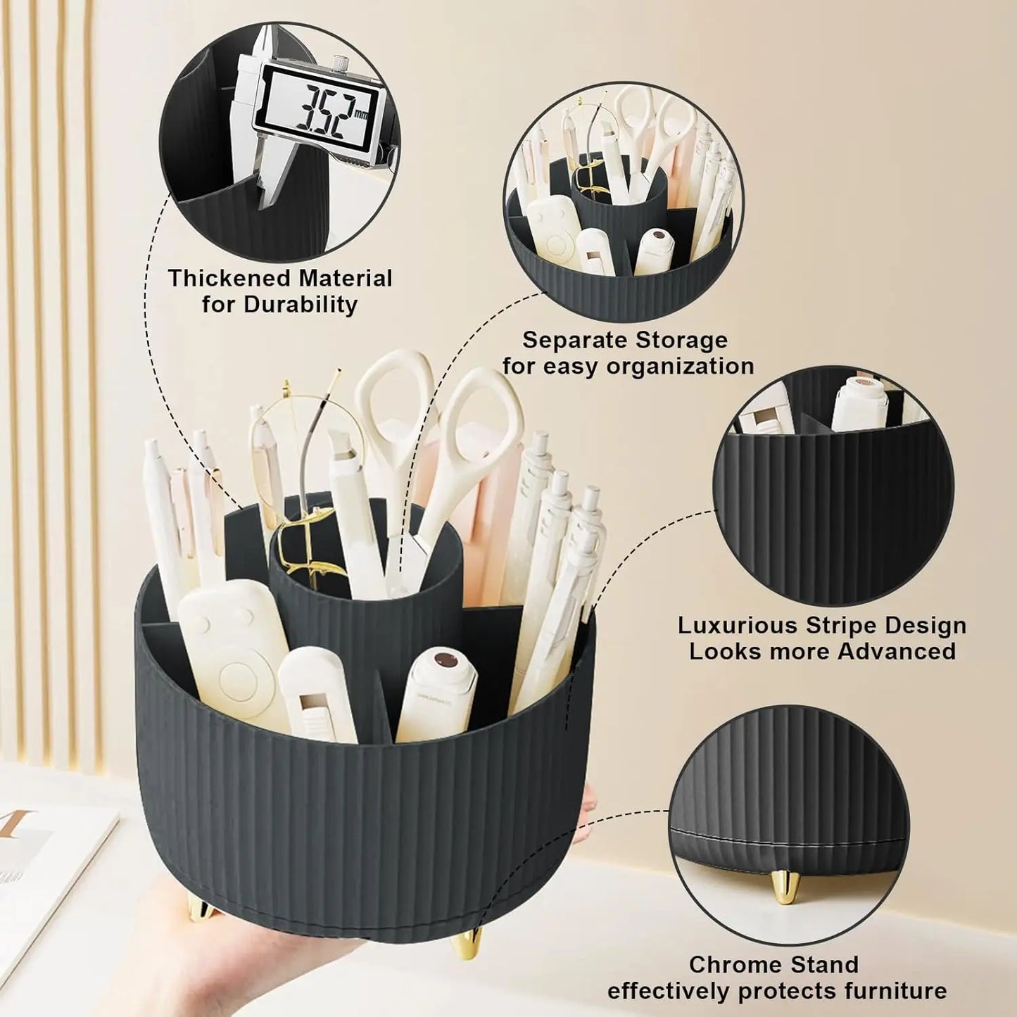 Makeup Brush Holder Organizer – 5 Slot 360° Rotating Desktop Storage for Vanity, Bathroom & Office