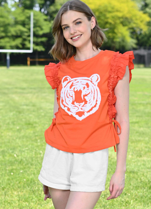 Ruffled Sleeve Tiger Face Gameday Blouse