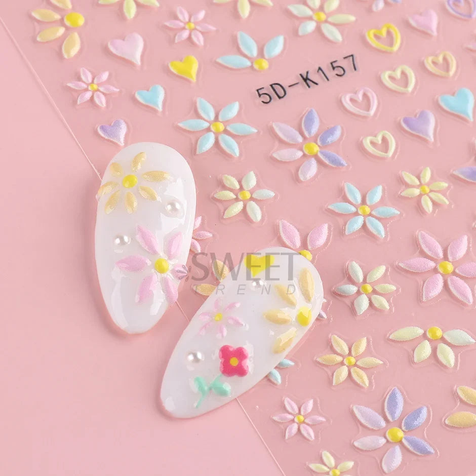 5D embossed flower nail stickers