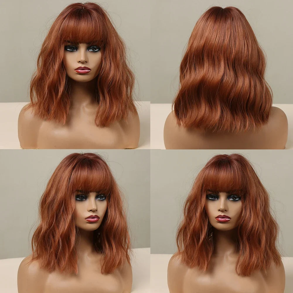 Light Pink Short Wavy Synthetic Hair Wigs with Bangs Cosplay Natural Shoulder Length Bob Wig For Women Afro Heat Resistant Fiber