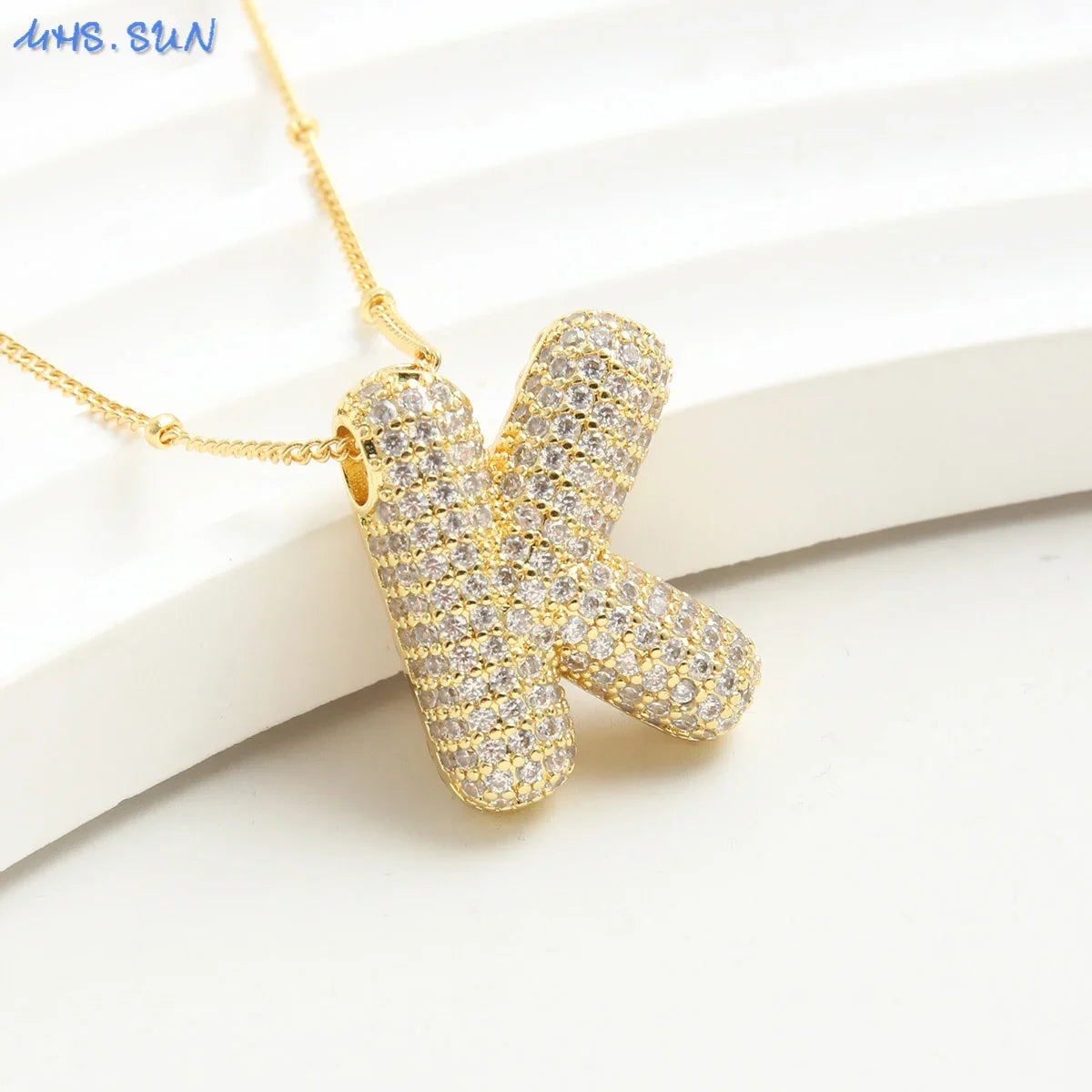 MHS.SUN Gold Plated Balloon 26 Letter Necklaces Copper Zircon Bubble Initial Pendant Chunky Women Personality Chain Jewelry