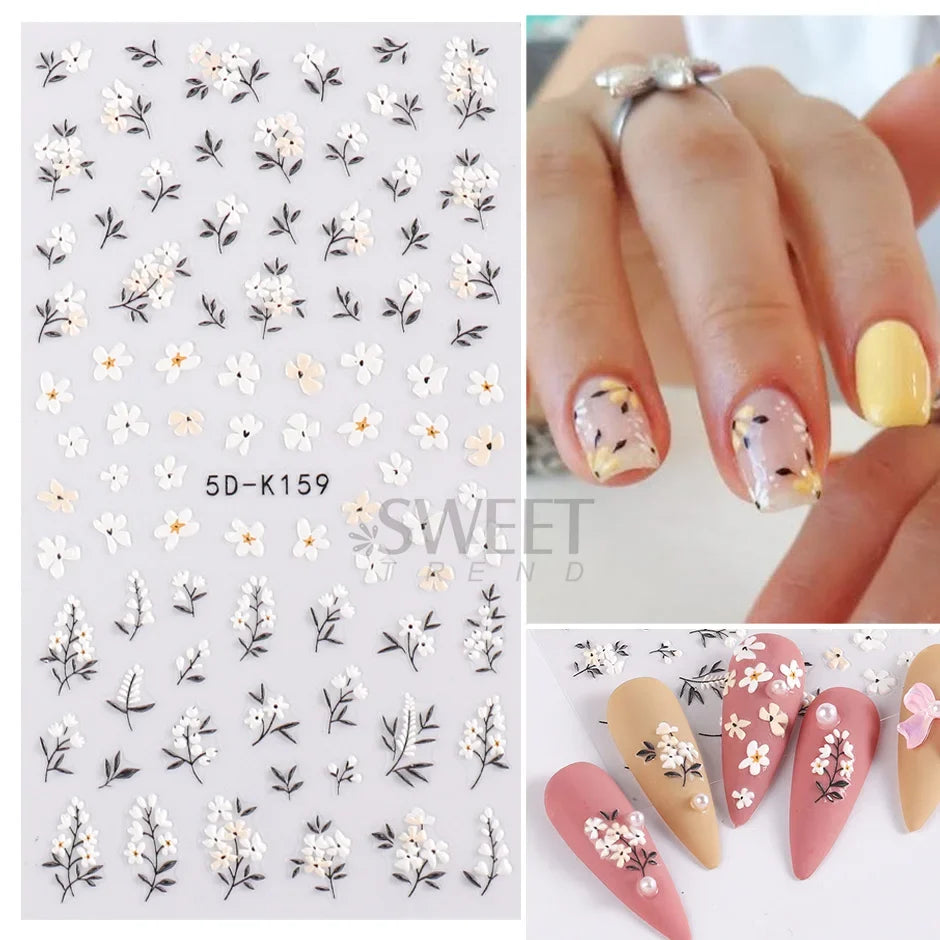 5D embossed flower nail stickers
