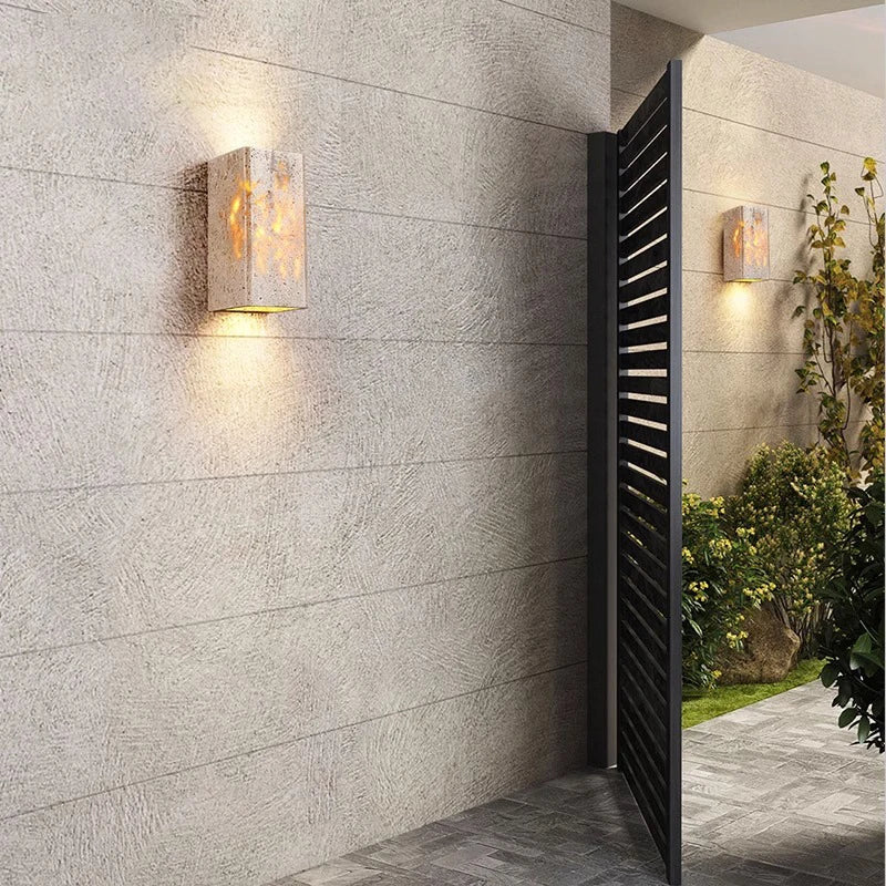 Minimalist Travertine Stone Outdoor LED Wall Light With Natural Cave Stone Shade