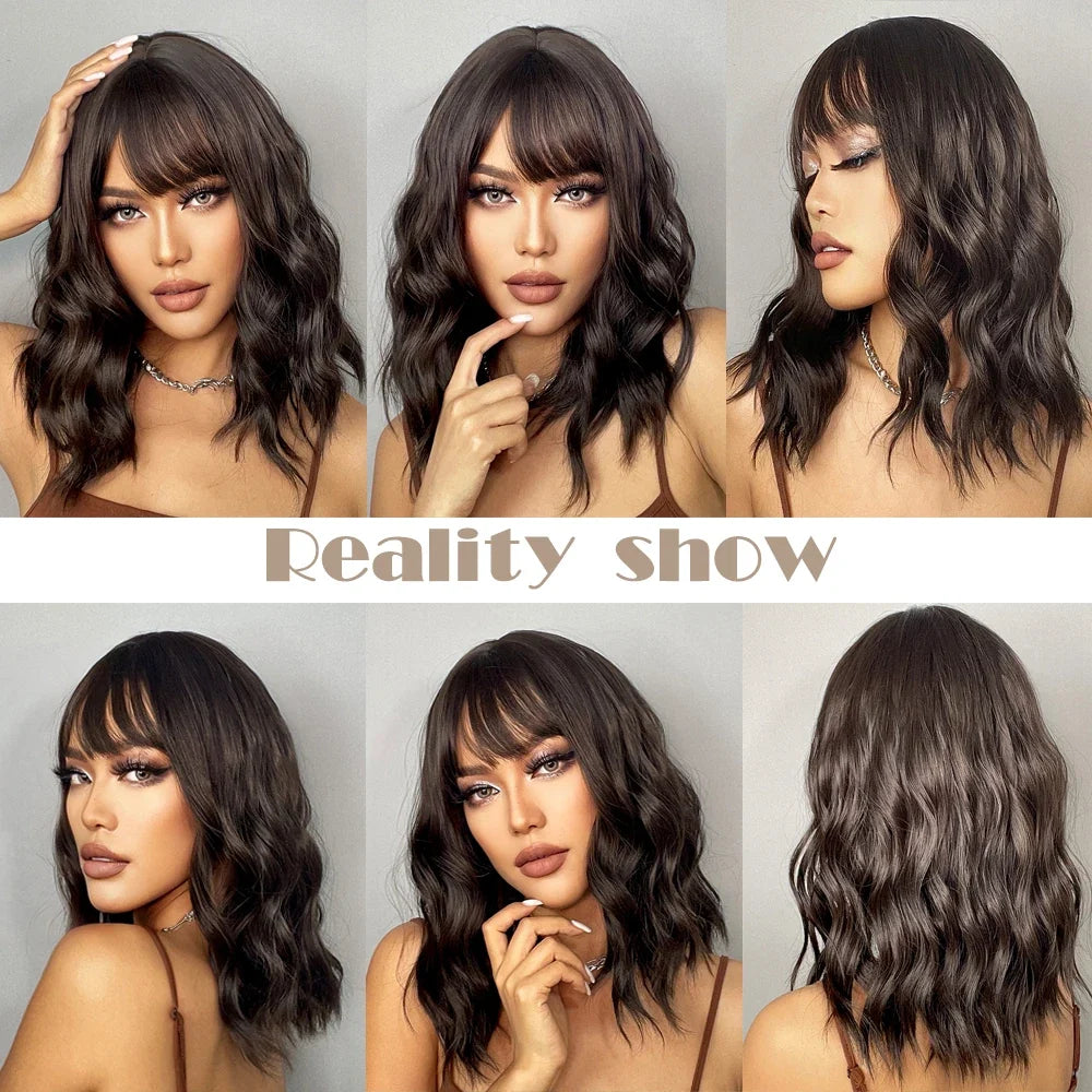 Light Pink Short Wavy Synthetic Hair Wigs with Bangs Cosplay Natural Shoulder Length Bob Wig For Women Afro Heat Resistant Fiber