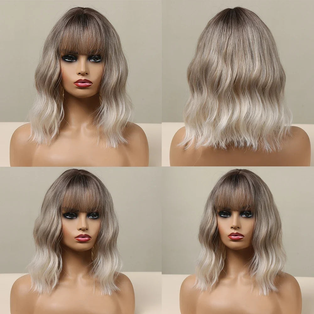 Light Pink Short Wavy Synthetic Hair Wigs with Bangs Cosplay Natural Shoulder Length Bob Wig For Women Afro Heat Resistant Fiber