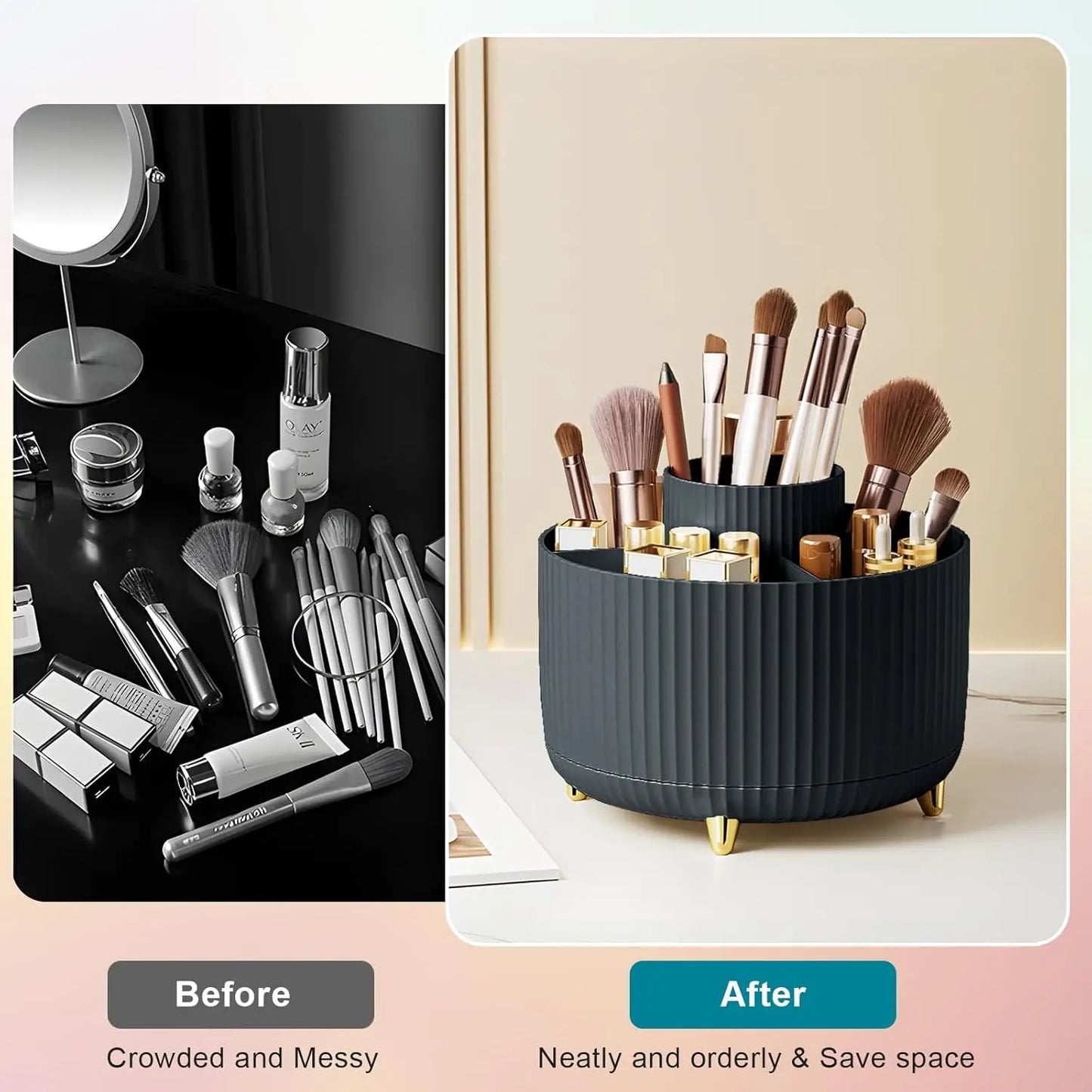 Makeup Brush Holder Organizer – 5 Slot 360° Rotating Desktop Storage for Vanity, Bathroom & Office