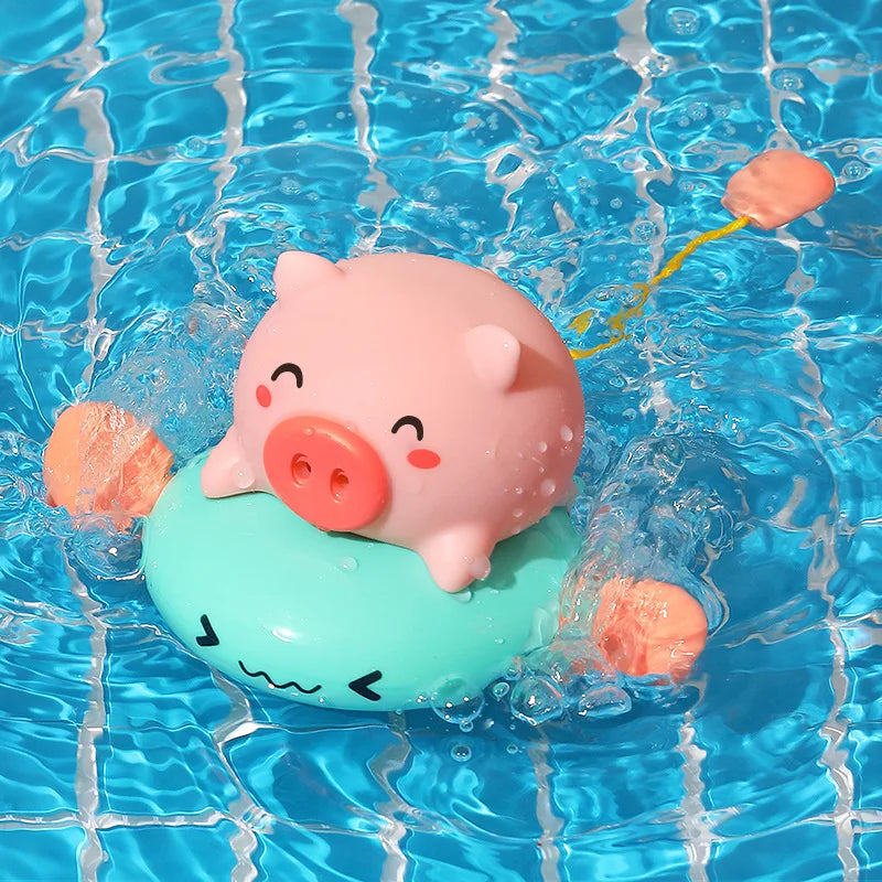Wind-up Pig Bath Toy for Kids - Pull String Squeeze & Spray Floating Animal for Water Fun in Pool or Bathtub