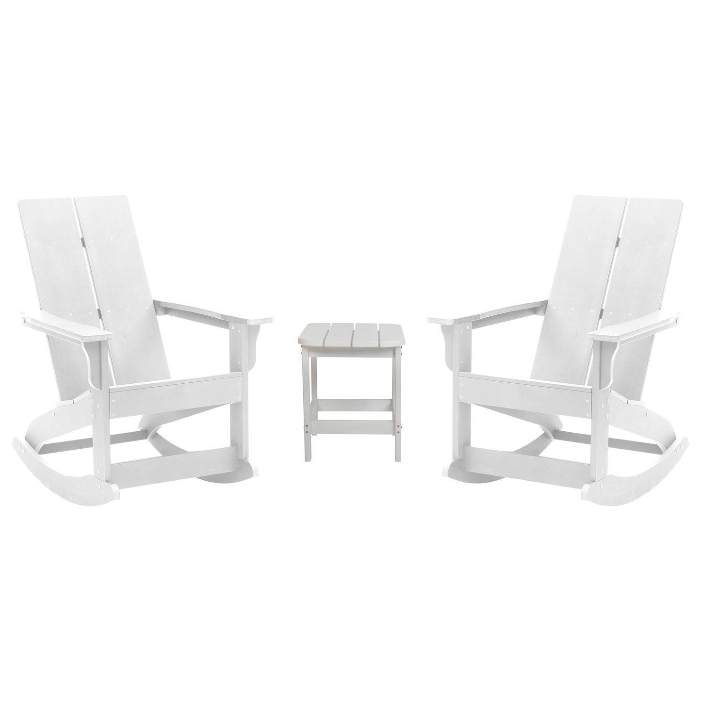 Set of 2 Finn Modern Commercial Grade All-Weather 2-Slat Poly Resin Rocking Adirondack Chairs with Side Table