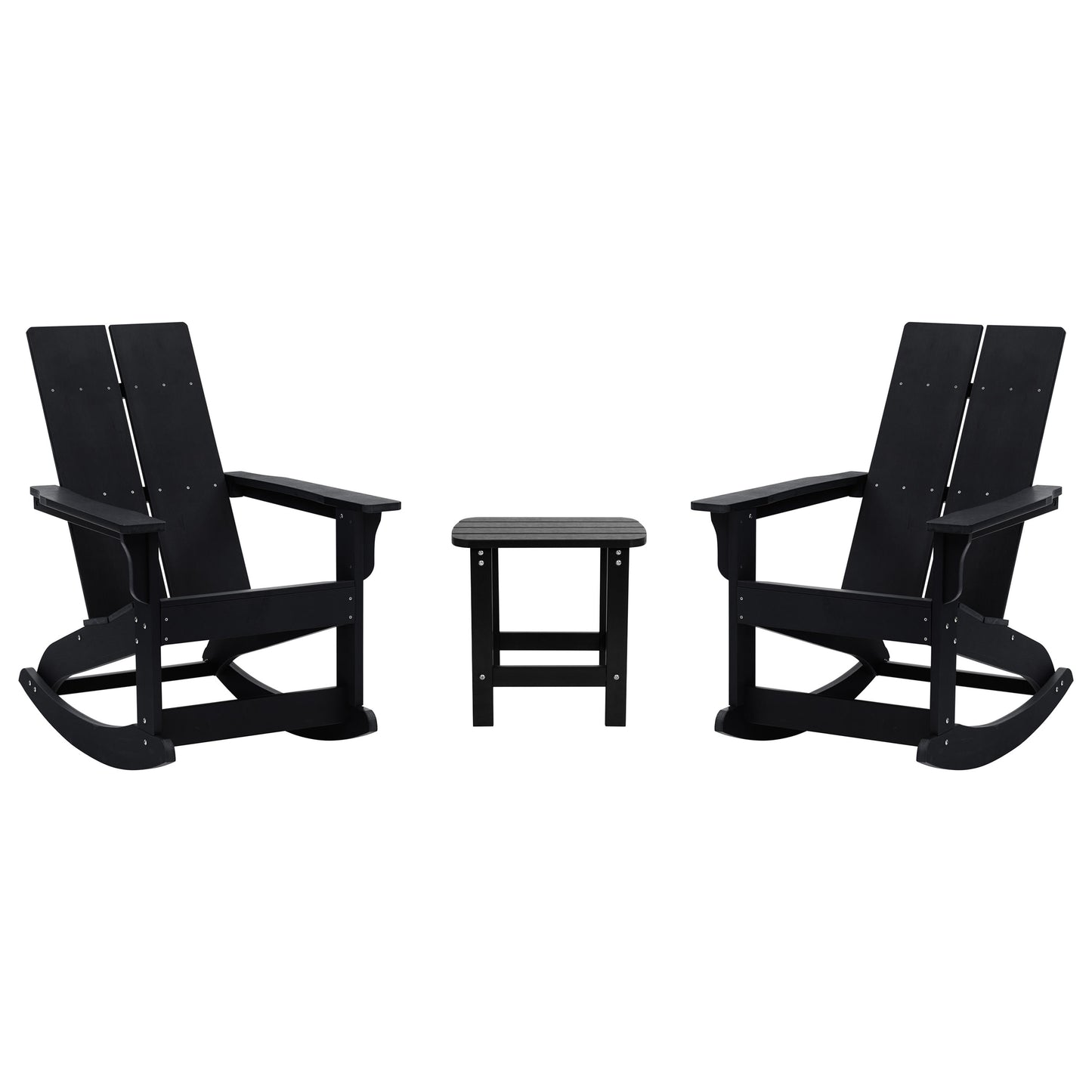 Set of 2 Finn Modern Commercial Grade All-Weather 2-Slat Poly Resin Rocking Adirondack Chairs with Side Table