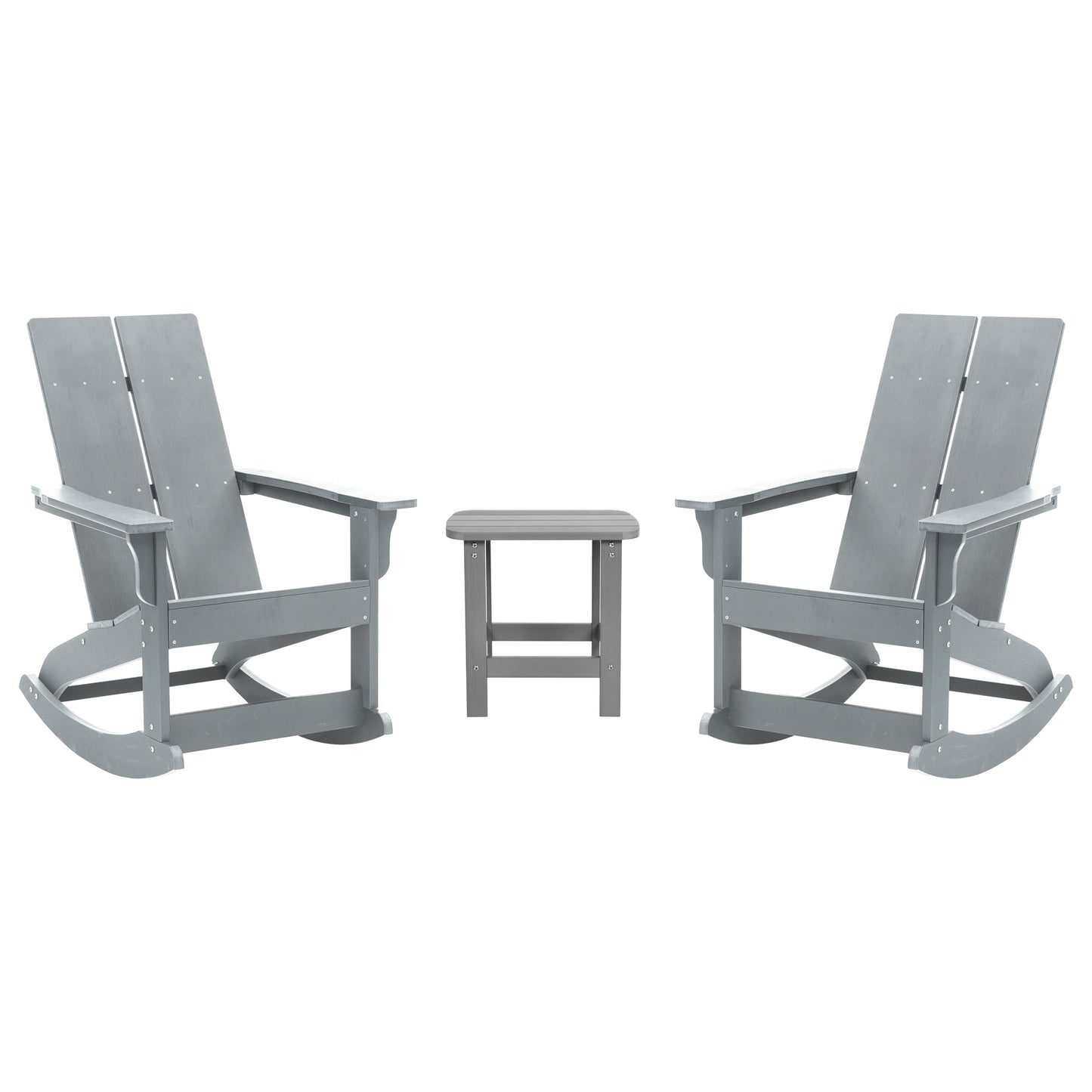 Set of 2 Finn Modern Commercial Grade All-Weather 2-Slat Poly Resin Rocking Adirondack Chairs with Side Table