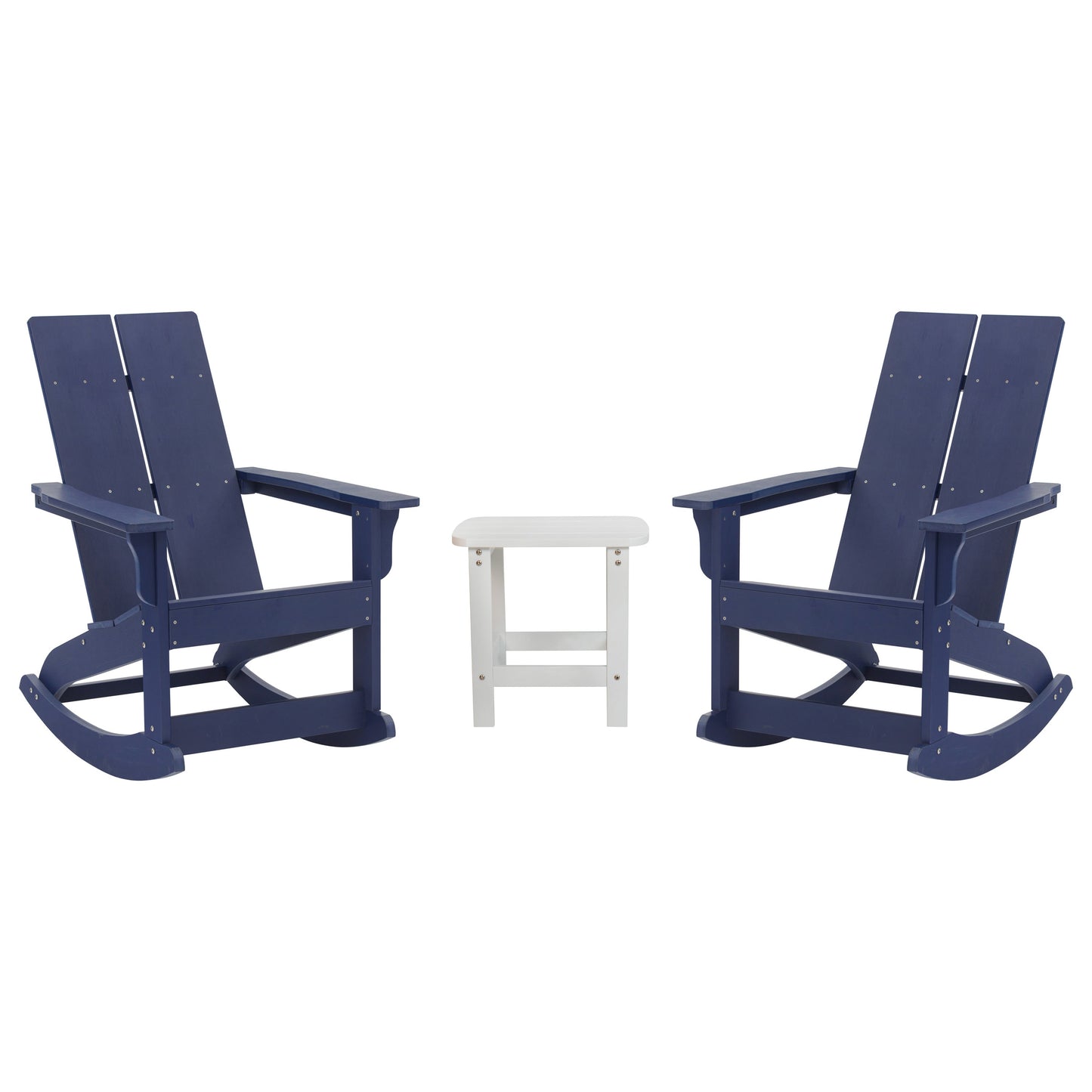 Set of 2 Finn Modern Commercial Grade All-Weather 2-Slat Poly Resin Rocking Adirondack Chairs with Side Table