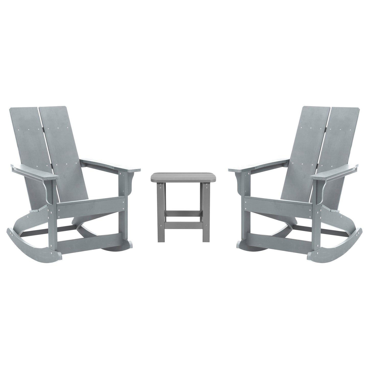 Set of 2 Finn Modern Commercial Grade All-Weather 2-Slat Poly Resin Rocking Adirondack Chairs with Side Table
