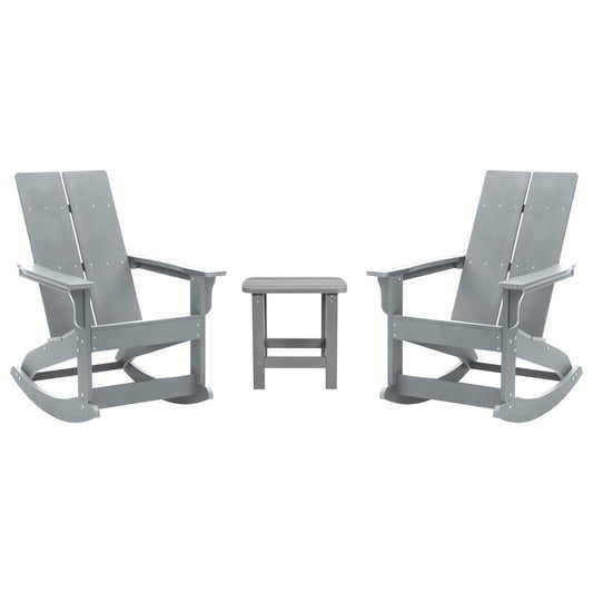Set of 2 Finn Modern Commercial Grade All-Weather 2-Slat Poly Resin Rocking Adirondack Chairs with Side Table