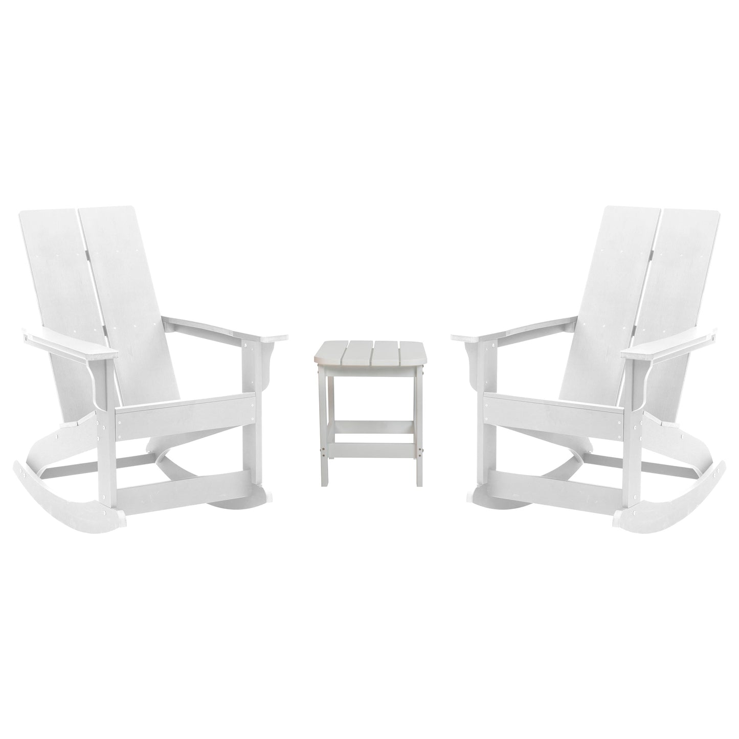Set of 2 Finn Modern Commercial Grade All-Weather 2-Slat Poly Resin Rocking Adirondack Chairs with Side Table