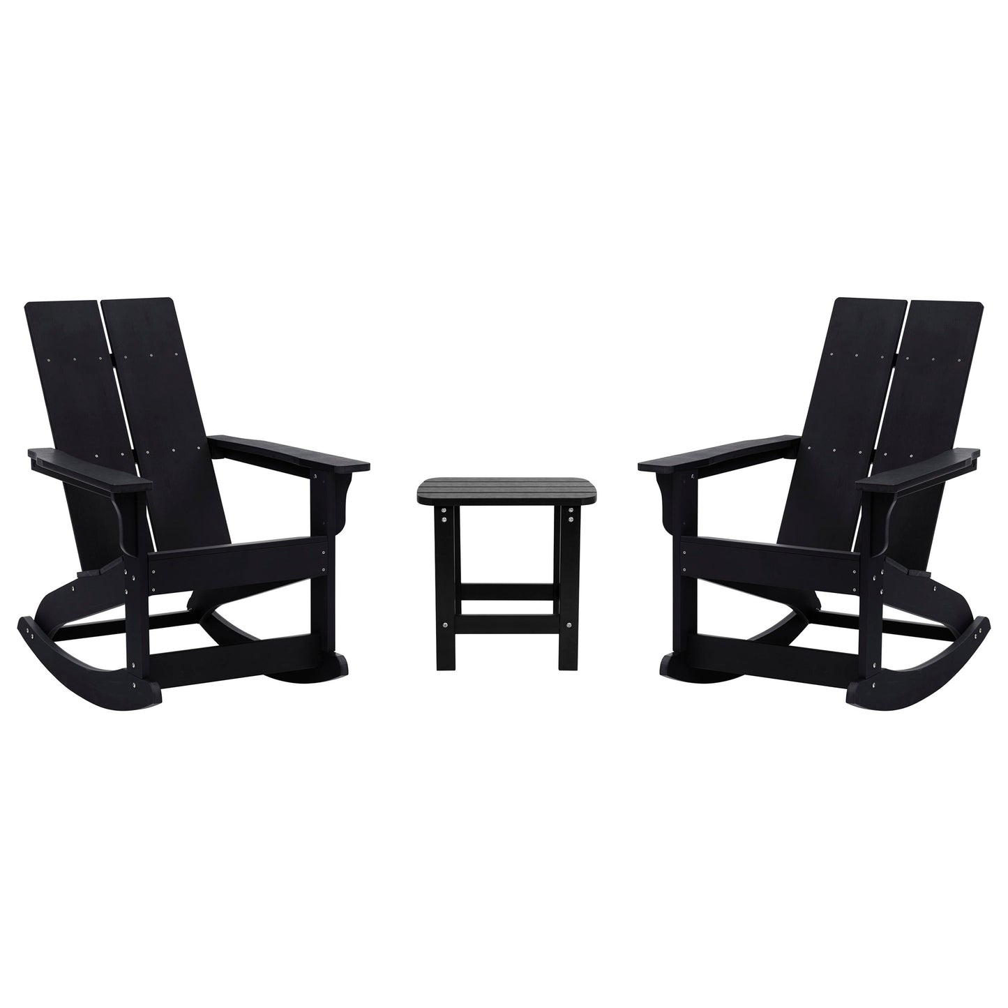 Set of 2 Finn Modern Commercial Grade All-Weather 2-Slat Poly Resin Rocking Adirondack Chairs with Side Table
