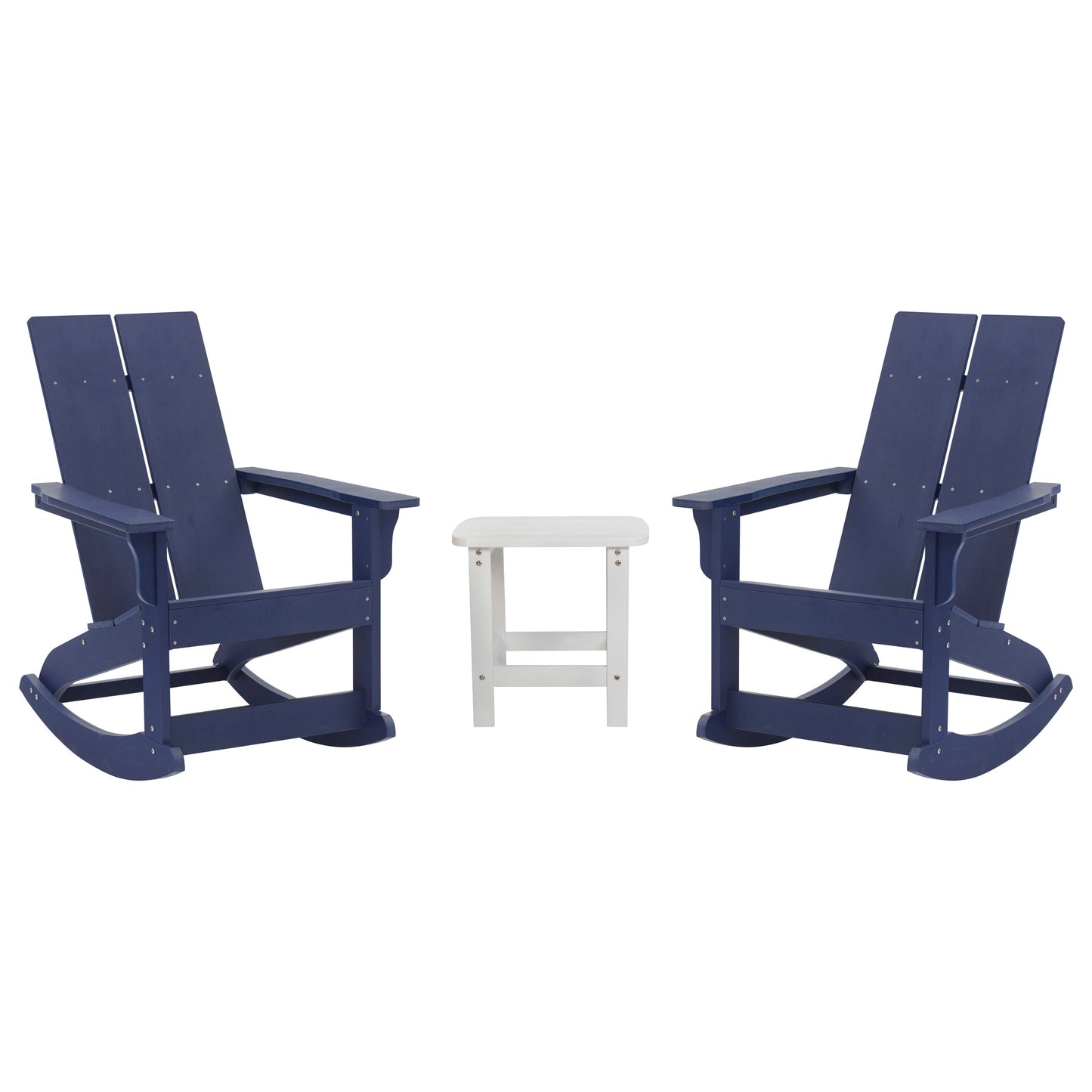 Set of 2 Finn Modern Commercial Grade All-Weather 2-Slat Poly Resin Rocking Adirondack Chairs with Side Table