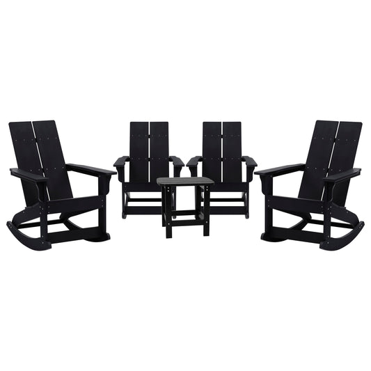 Set of 4 Finn Modern Commercial Grade All-Weather 2-Slat Poly Resin Rocking Adirondack Chairs with Matching Side Table