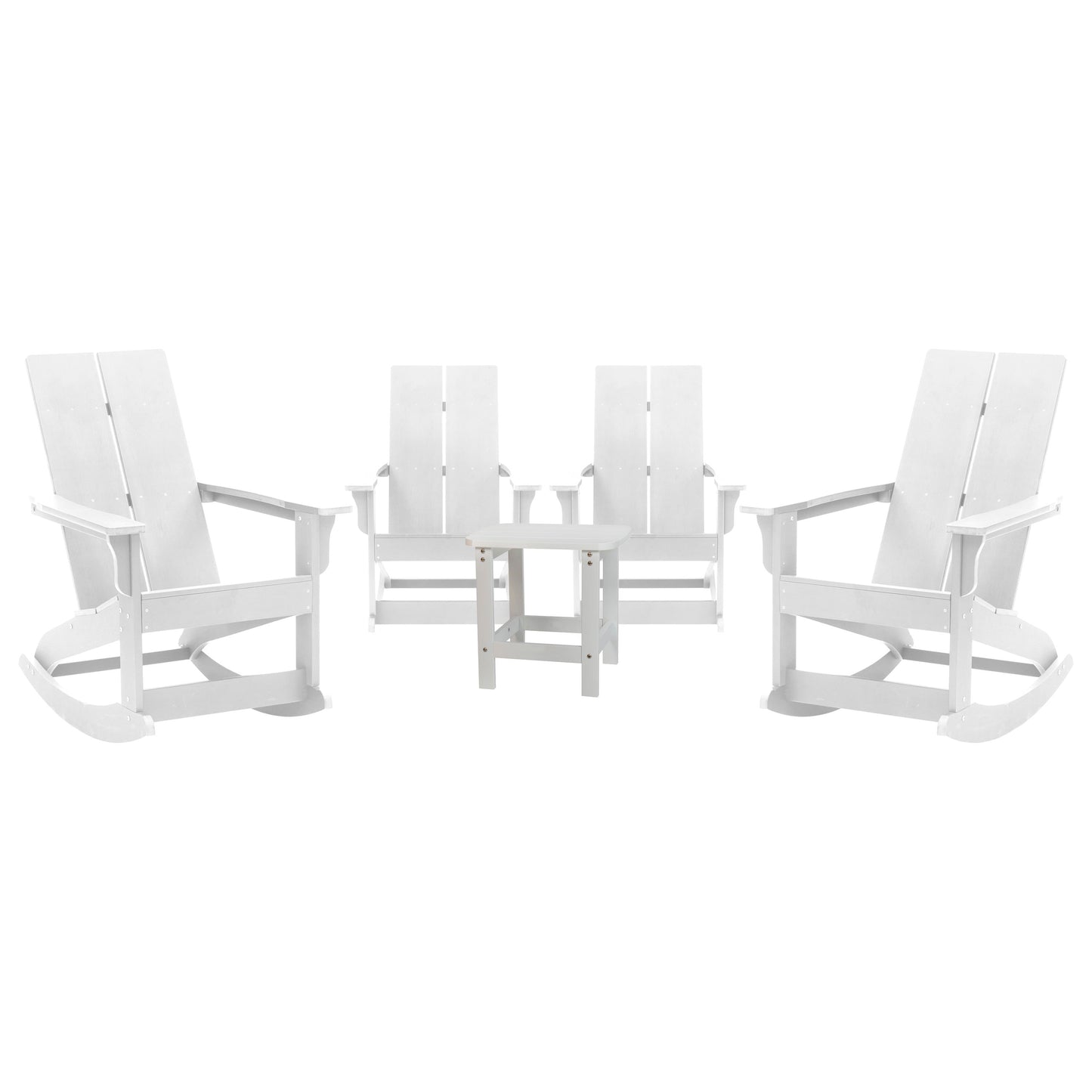 Set of 4 Finn Modern Commercial Grade All-Weather 2-Slat Poly Resin Rocking Adirondack Chairs with Matching Side Table