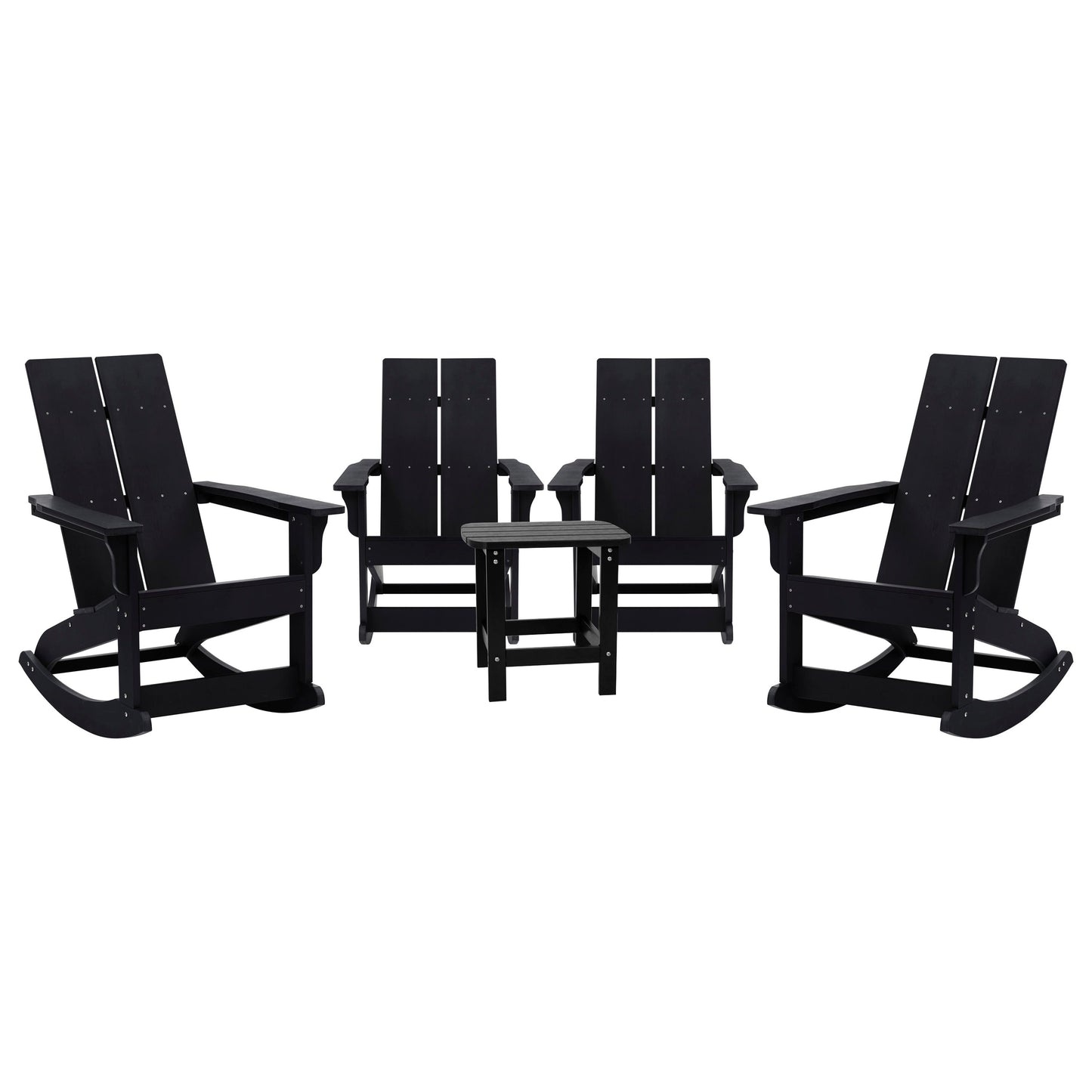 Set of 4 Finn Modern Commercial Grade All-Weather 2-Slat Poly Resin Rocking Adirondack Chairs with Matching Side Table