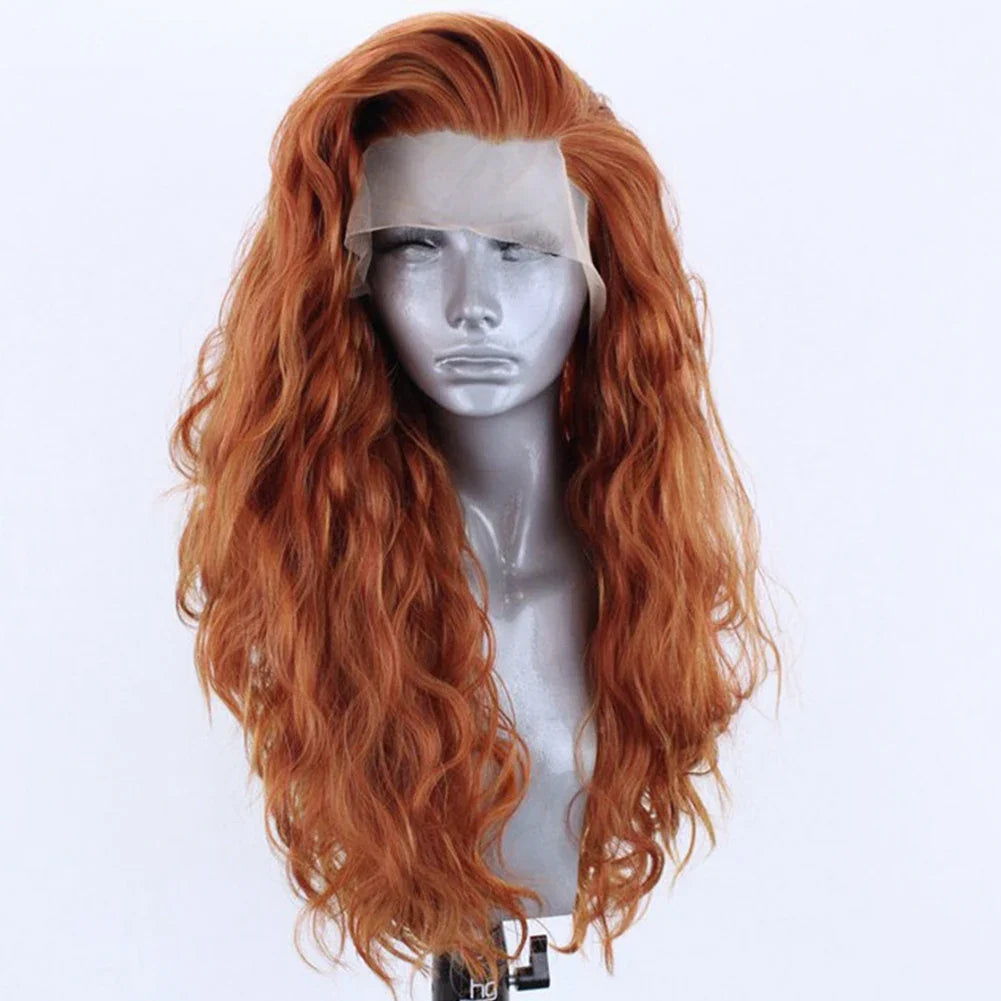 13X4 Ginger Synthetic Lace Front Wig – Long Wavy Black Hair Cosplay Wig for Women, Glueless & Heat Resistant