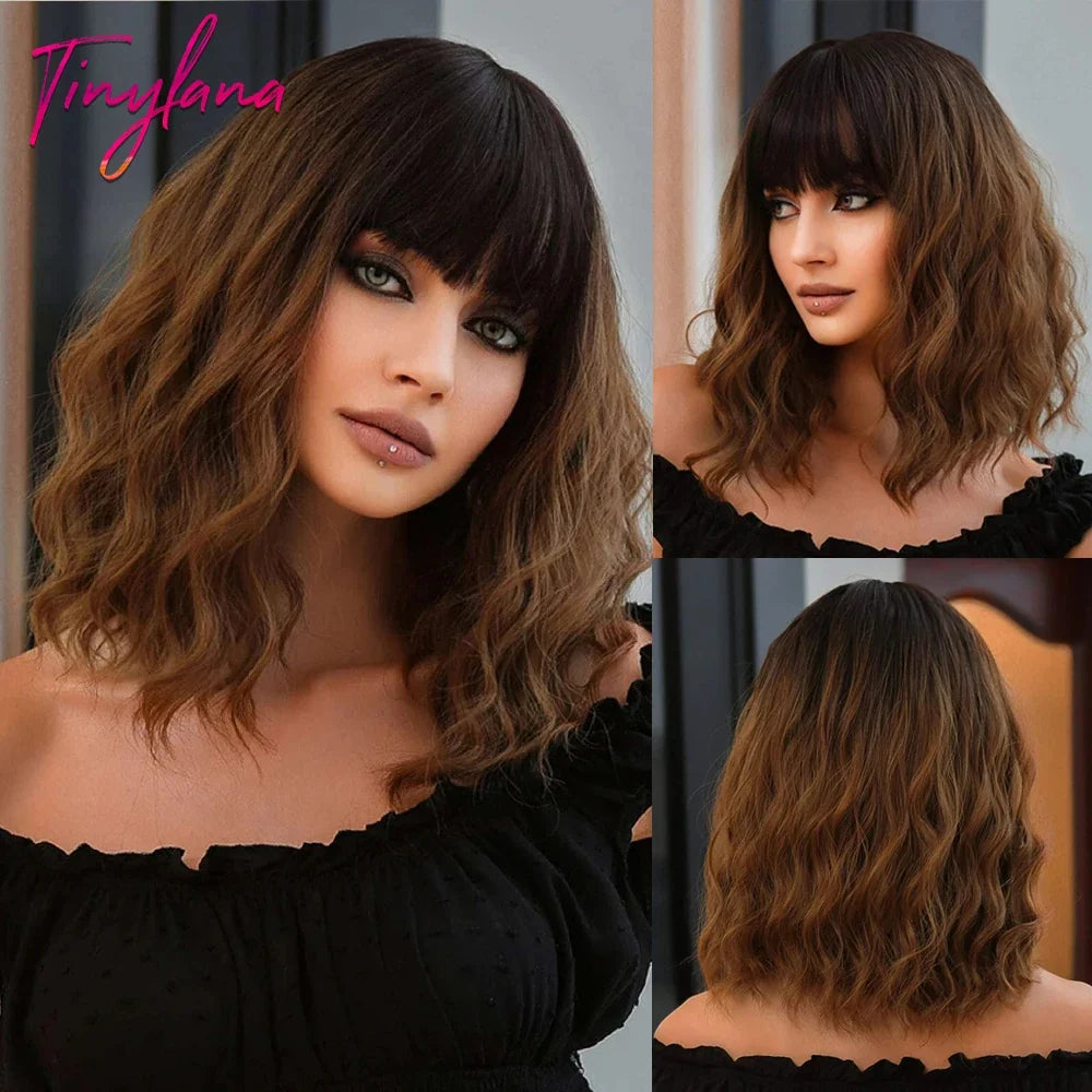 Light Pink Short Wavy Synthetic Hair Wigs with Bangs Cosplay Natural Shoulder Length Bob Wig For Women Afro Heat Resistant Fiber
