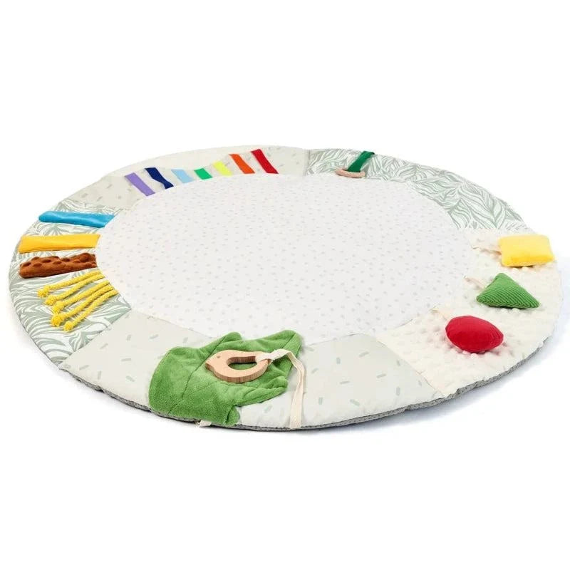 Wooden Baby Play Gym with Music Activity Mat for 0-12 Months - Sensory Development Toys with Mobile Bells for Limb Exercises