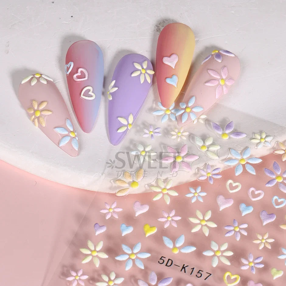 5D embossed flower nail stickers