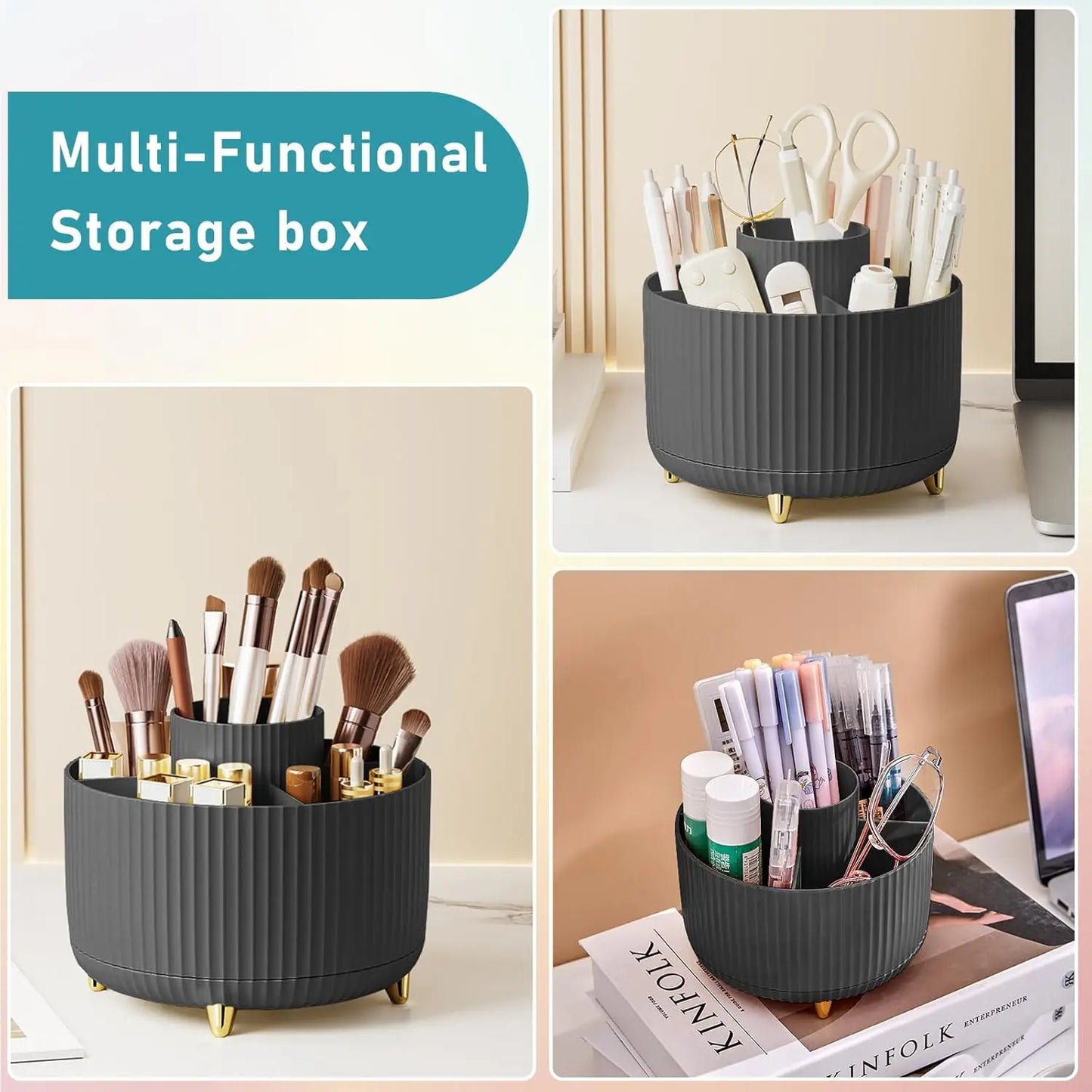 Makeup Brush Holder Organizer – 5 Slot 360° Rotating Desktop Storage for Vanity, Bathroom & Office
