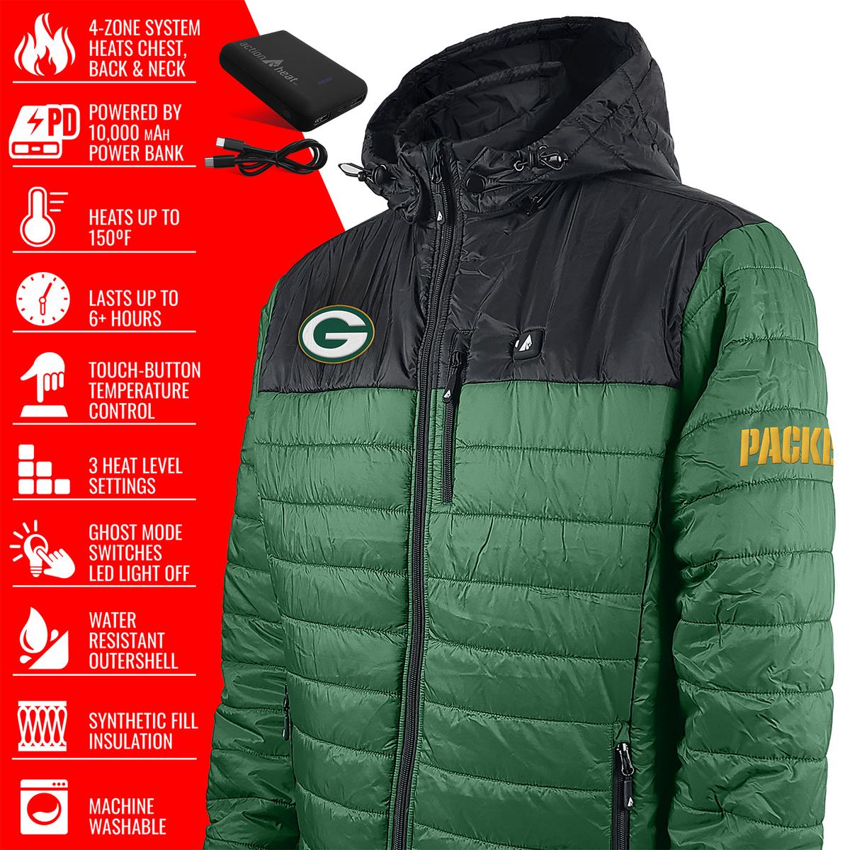 ActionHeat Green Bay Packers 5V Men's Colorblock Puffer Battery Heated Jacket
